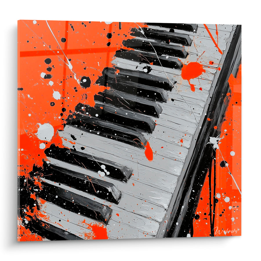 Tableau Musique orange et noir clavier piano éclaboussé - Éruption de notes - Edition Musique