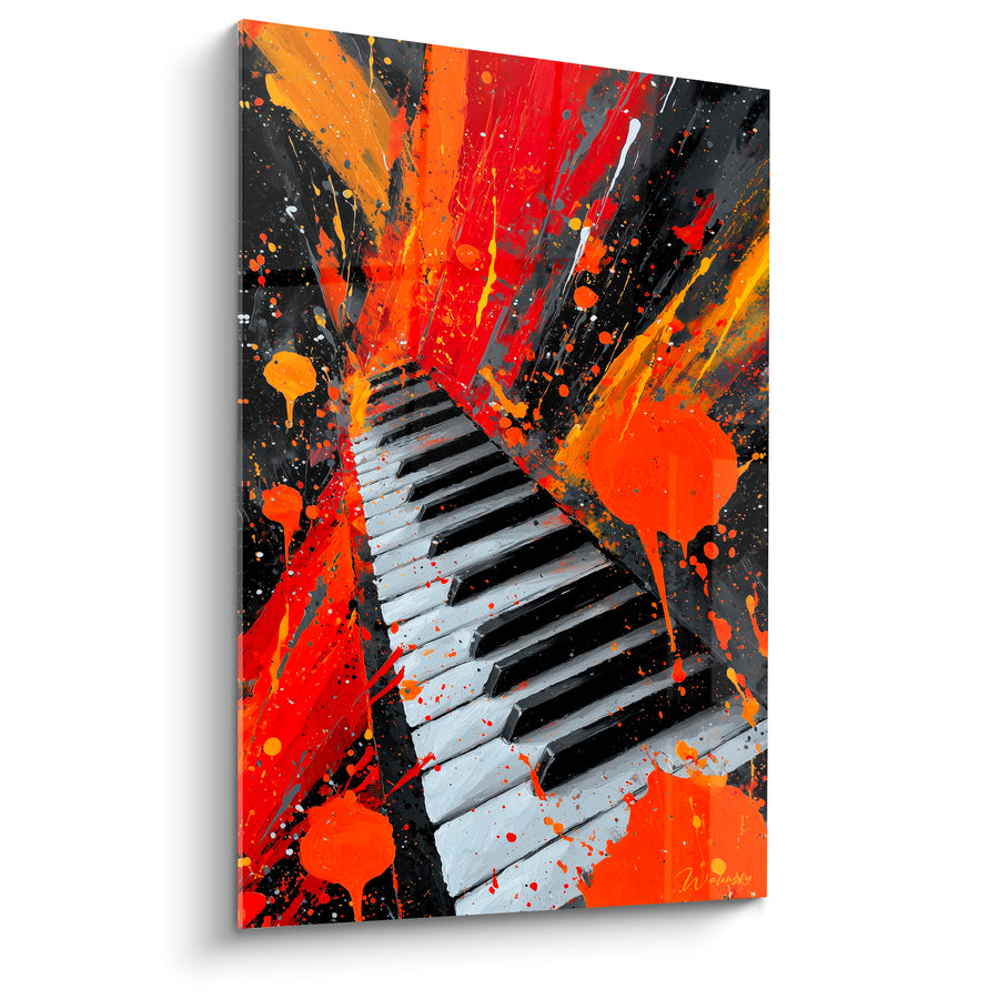 Tableau Musique clavier rouge et jaune coulures éclaboussées - Perspective en diagonale - Edition Musique