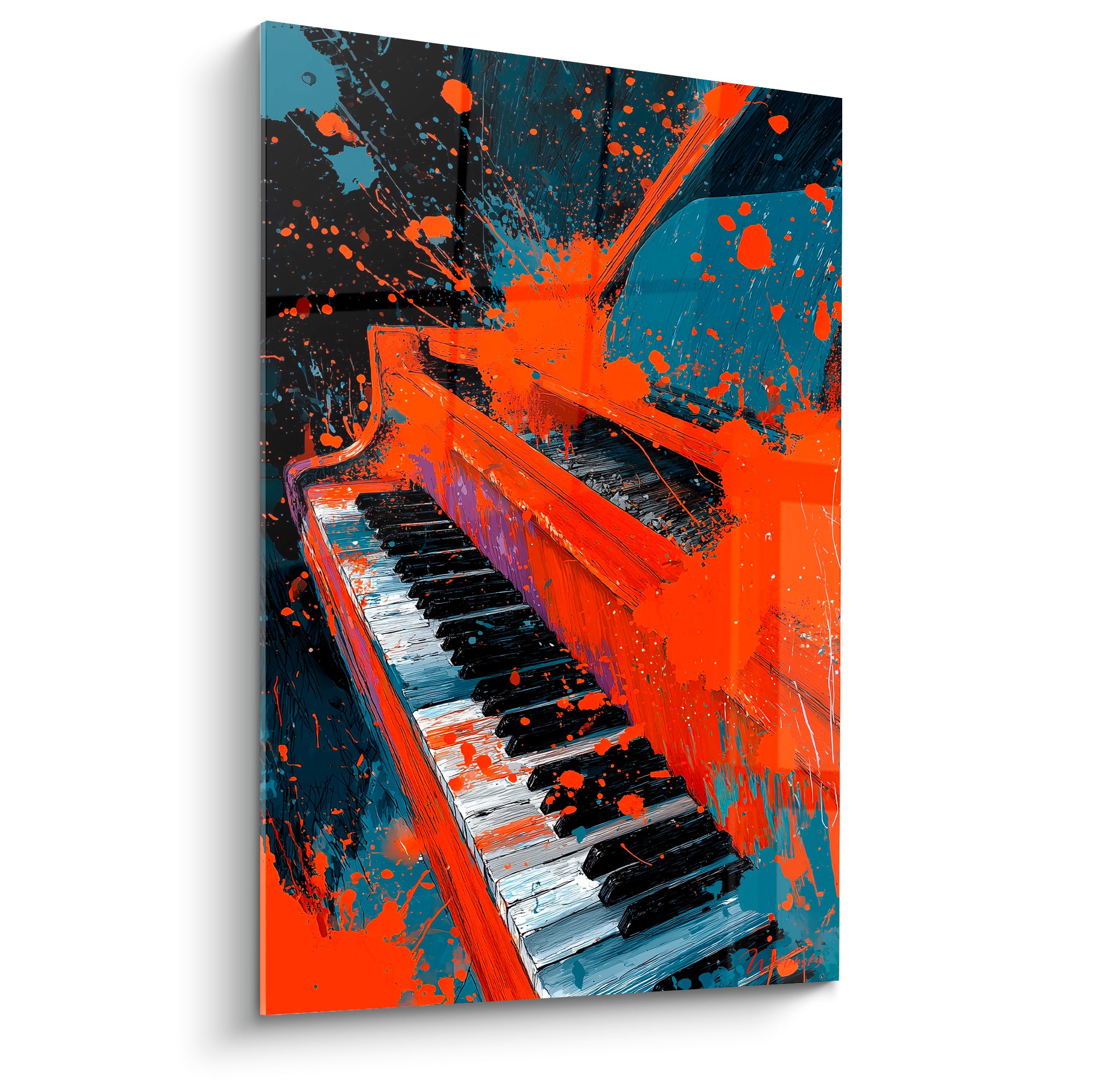 Piano à queue Musique éclaboussé d'orange vif sur fond bleu anthracite, clavier noir et blanc détaillé