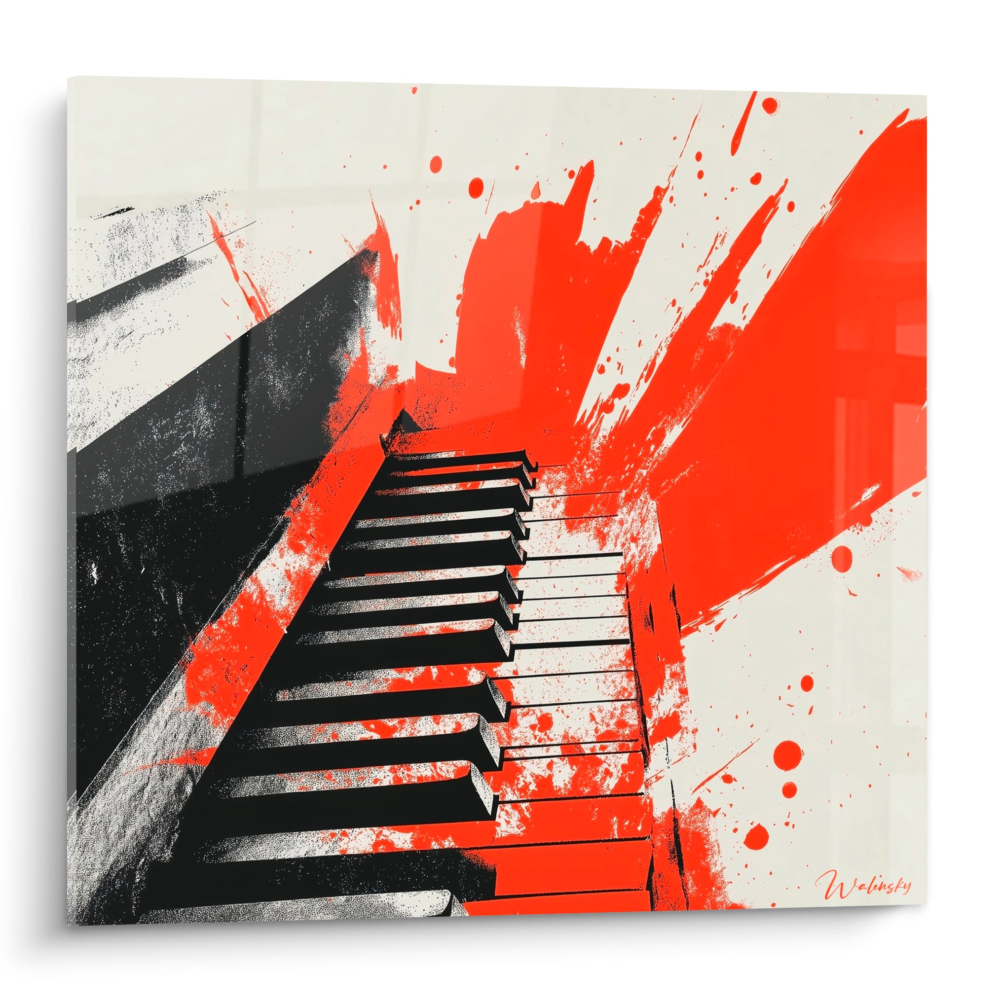 Clavier de piano noir et blanc éclaboussé d'orange vif, composition graphique en contre-plongée