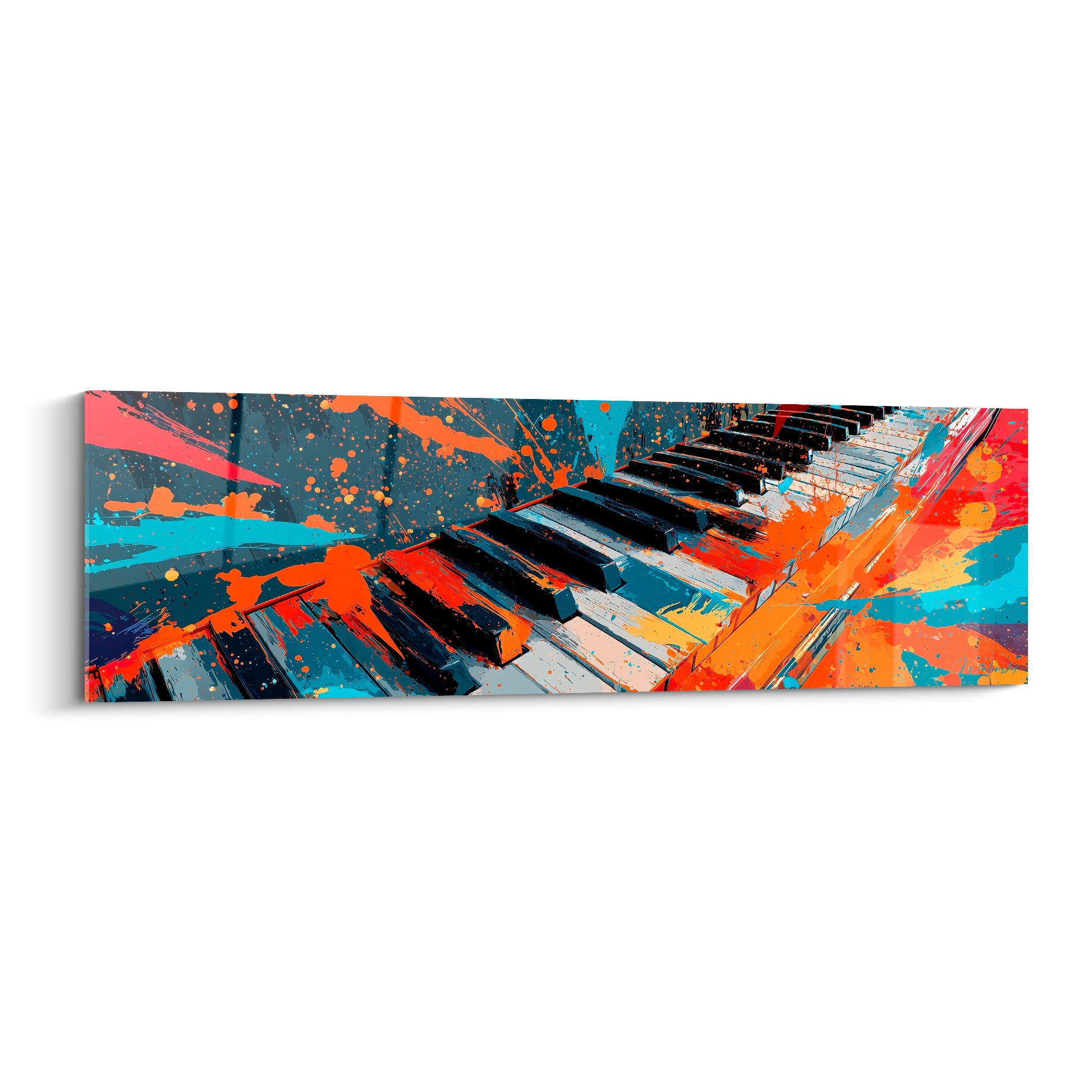 Clavier de piano peint en orange vif, éclaboussures bleu turquoise et anthracite, style expressionniste graphique