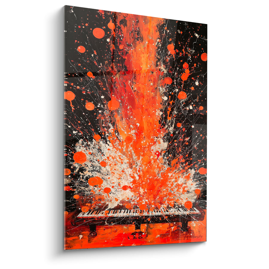 Tableau Musique orange et noir gerbe verticale géante - Jaillissement de peinture - Edition Musique