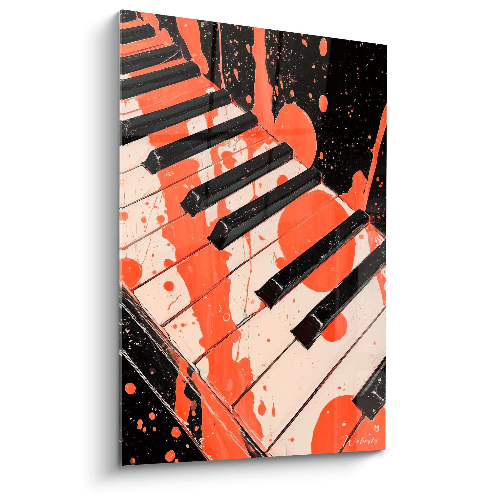 Piano aux touches noires et blanches éclaboussées d'orange vif, composition en diagonale sur fond noir profond