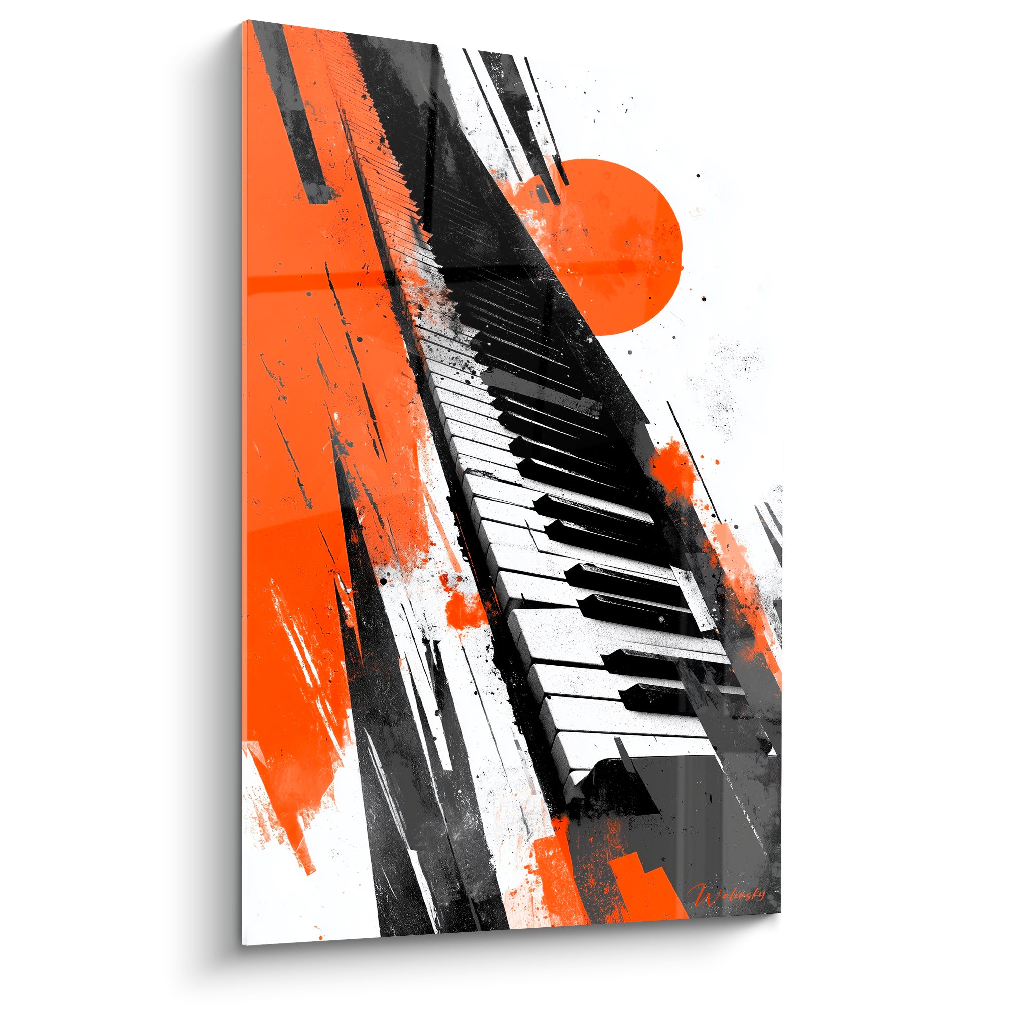 Clavier de piano stylisé en noir et blanc, éclaboussures orange vif et grises sur fond clair