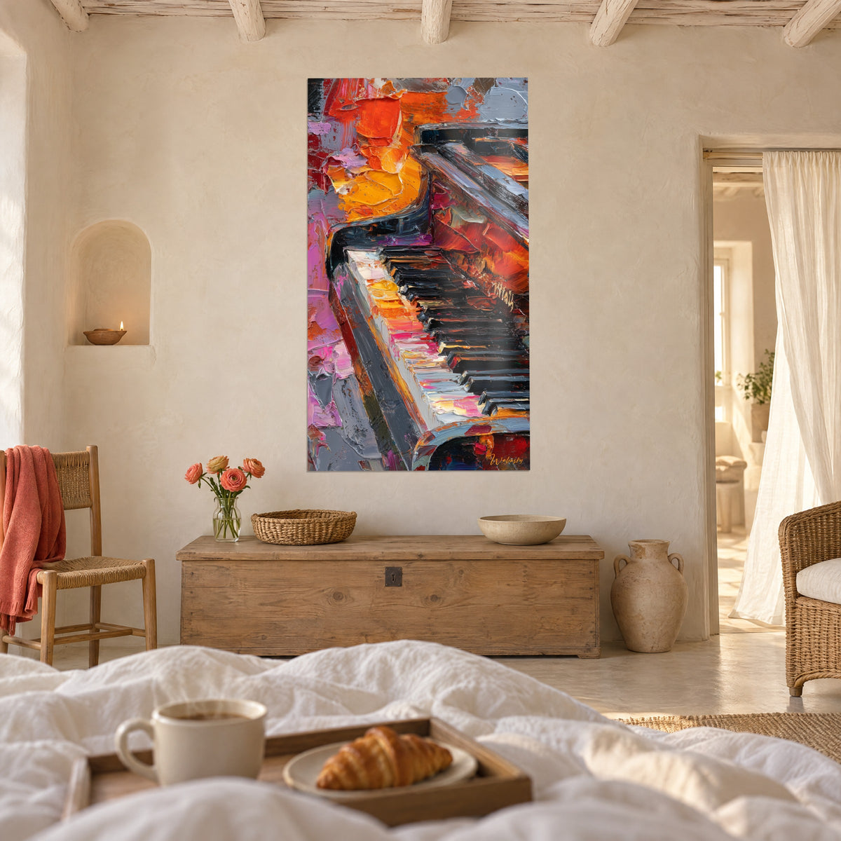 Wall art keyboard instrument in orange, pink and steel-grey impasto, placed above a bed in a light bedroom