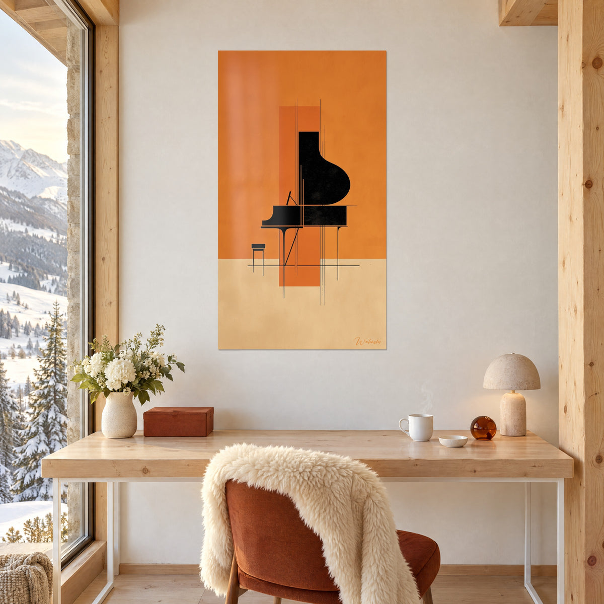 Schilderij zwarte pianosilhouet, achtergrond in oranje en zandbeige, fijne verticale lijnen, boven een bureau van licht hout