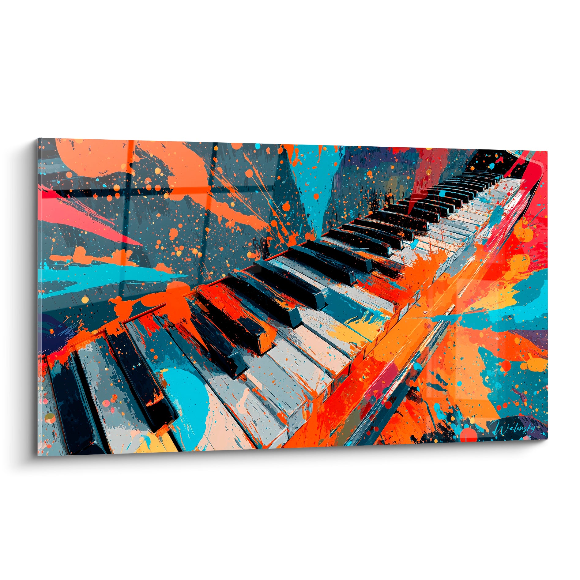 Clavier de piano en perspective éclaboussé d'orange et de bleu turquoise sur fond anthracite quadrillé