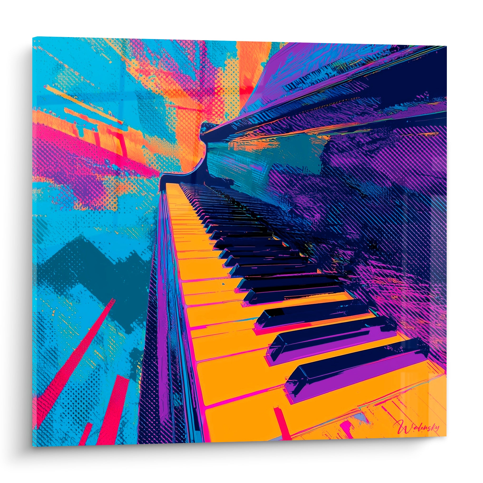 Clavier de piano en contre-plongée, touches orange vif et reflets violets, style pop art vibrant