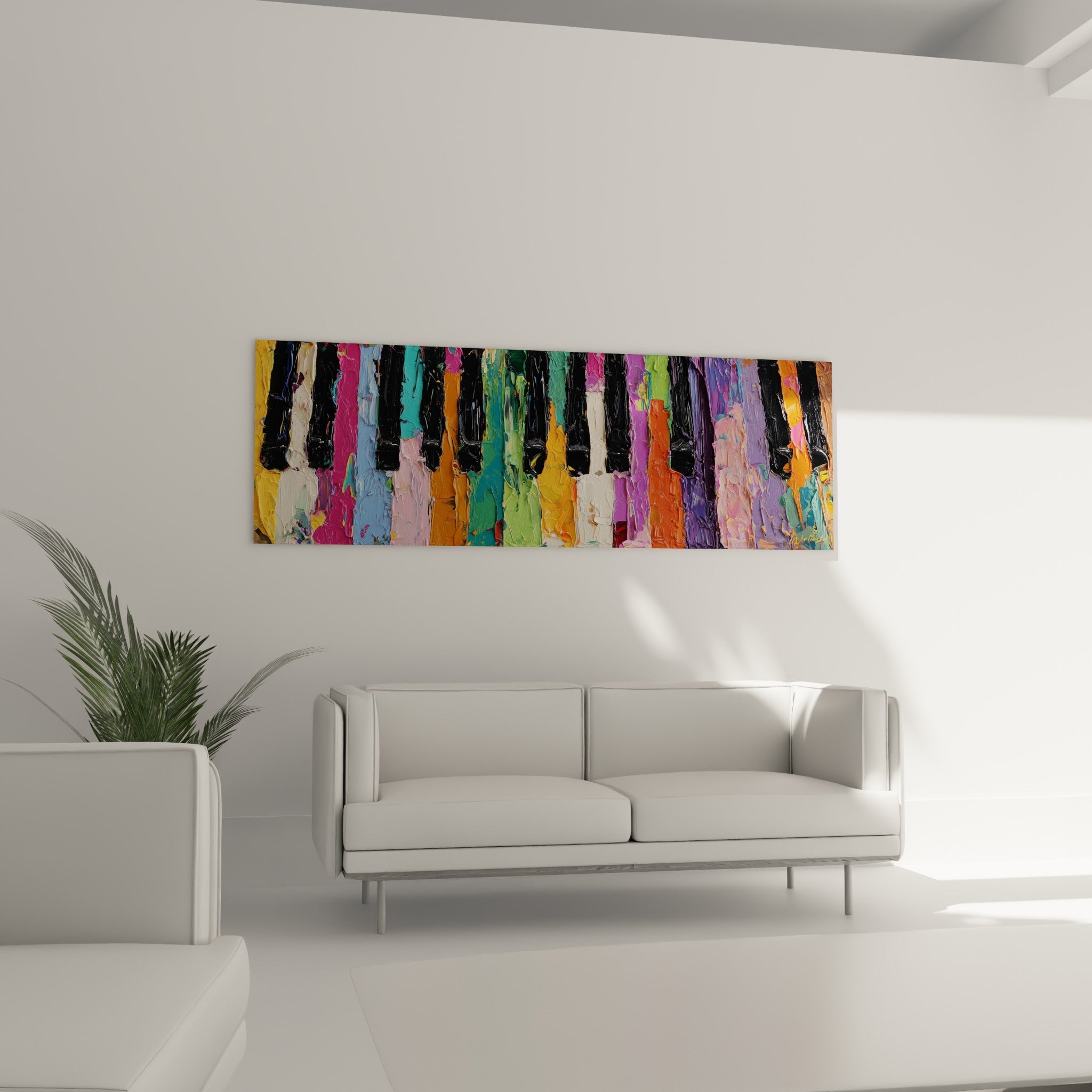 Piano coloré vert et orange en relief pictural, suspendu au-dessus d'un canapé dans un salon lumineux