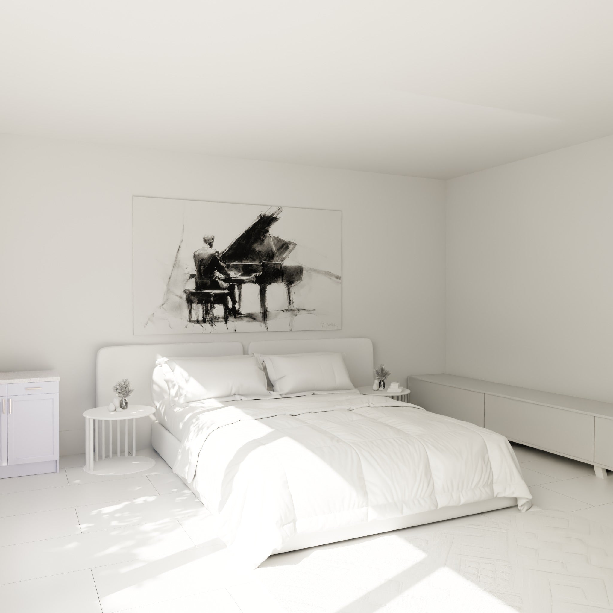 Musicien concentré devant son piano noir, tons anthracite et blanc, au-dessus d'un lit dans une chambre claire