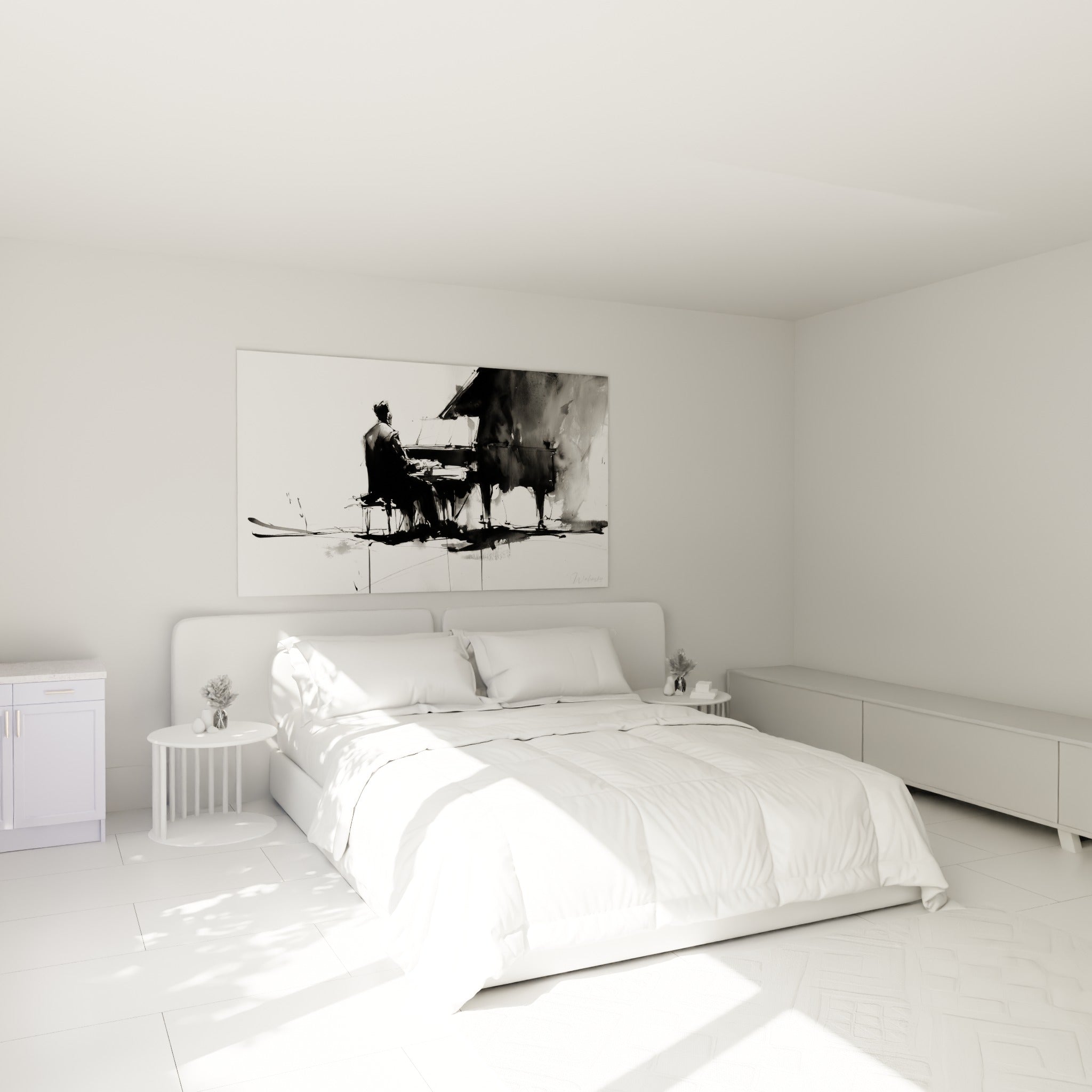Silhouette d'un pianiste en noir profond et gris fumé accrochée au-dessus d'un lit dans une chambre claire