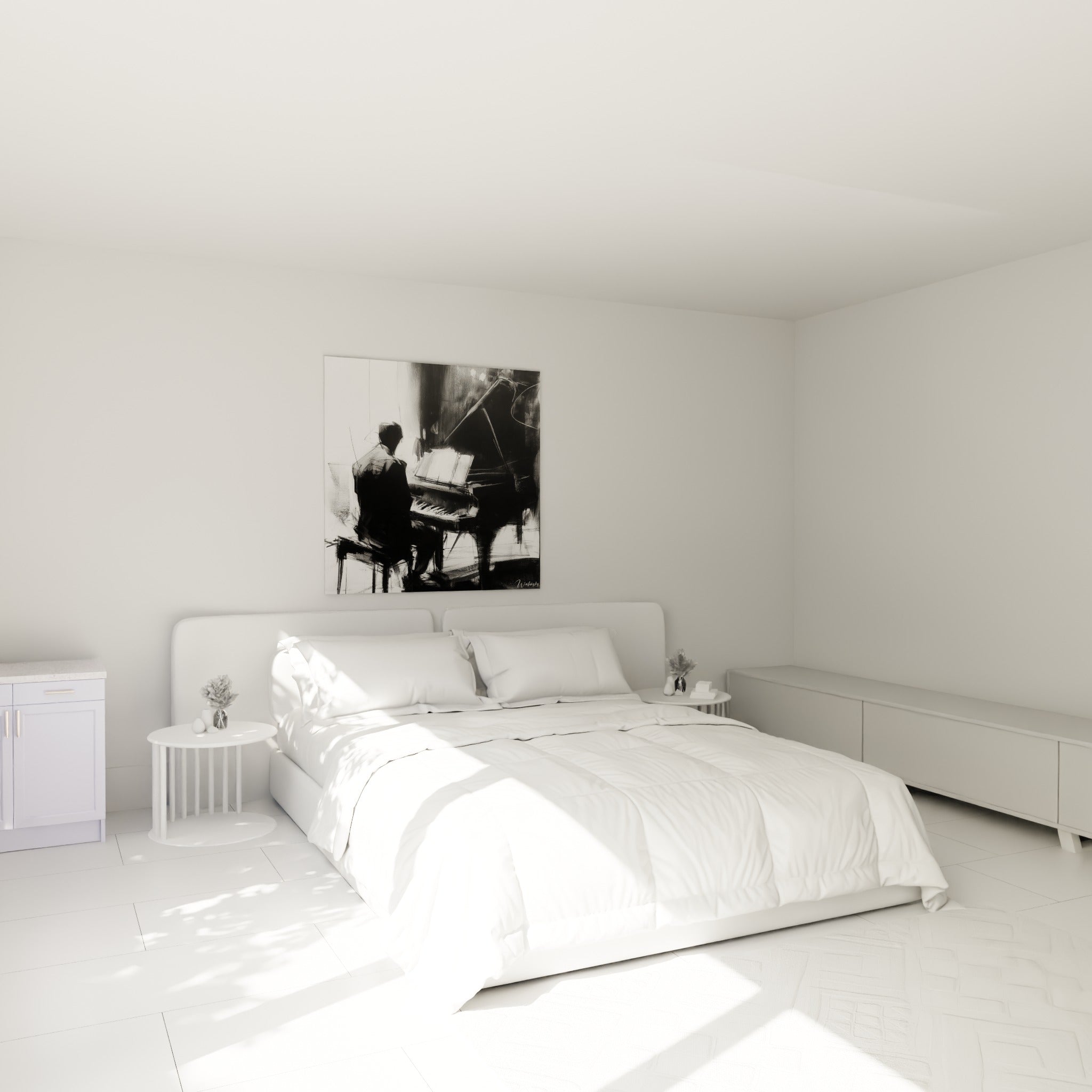 Silhouette d'un musicien au piano en noir et blanc accrochée au-dessus d'un lit dans une chambre claire