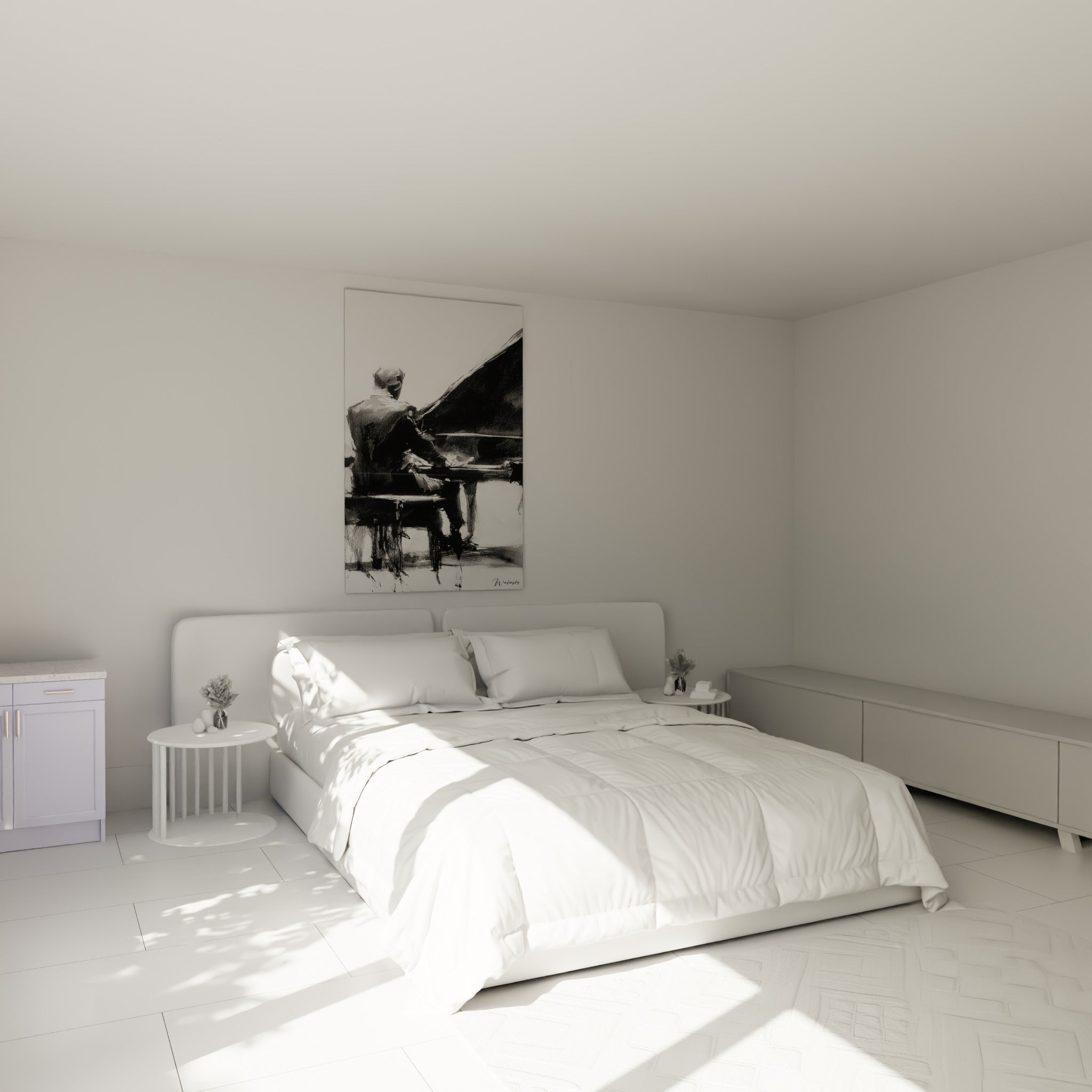 Musicien au piano tracé en noir profond et gris cendré, accroché au-dessus d'un lit dans une chambre claire