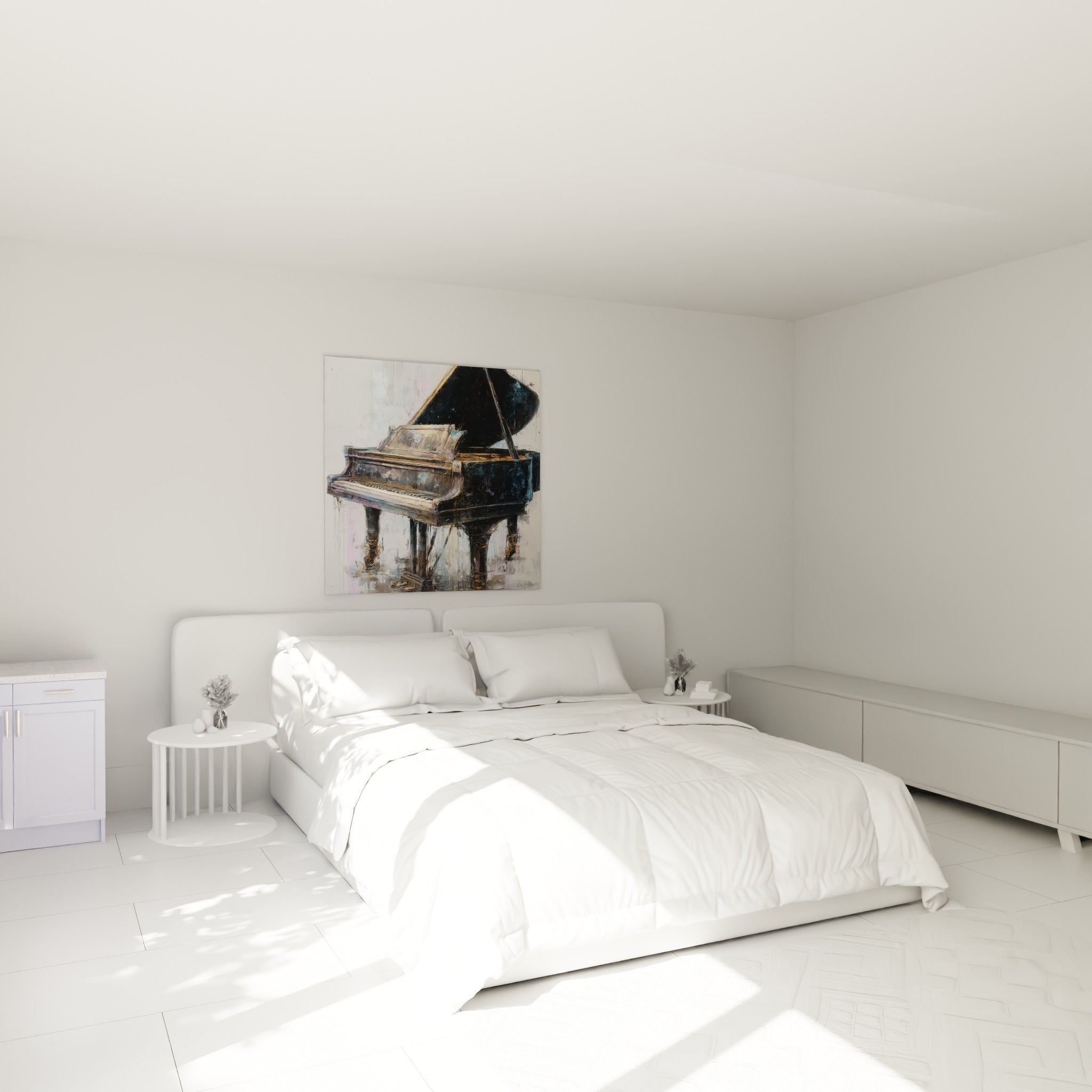 Piano à queue anthracite aux reflets dorés, coulures picturales, au-dessus d'un lit dans une chambre claire.