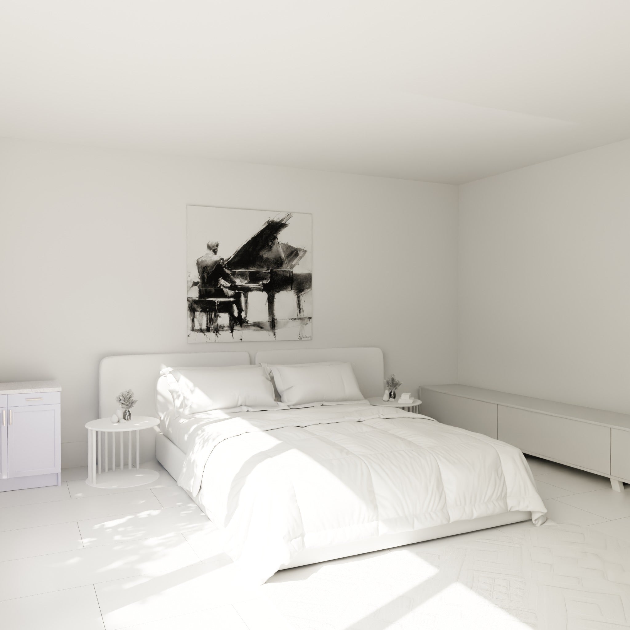 Silhouette au piano, traits noirs et gris fumé, accrochée au-dessus d'un lit dans une chambre claire