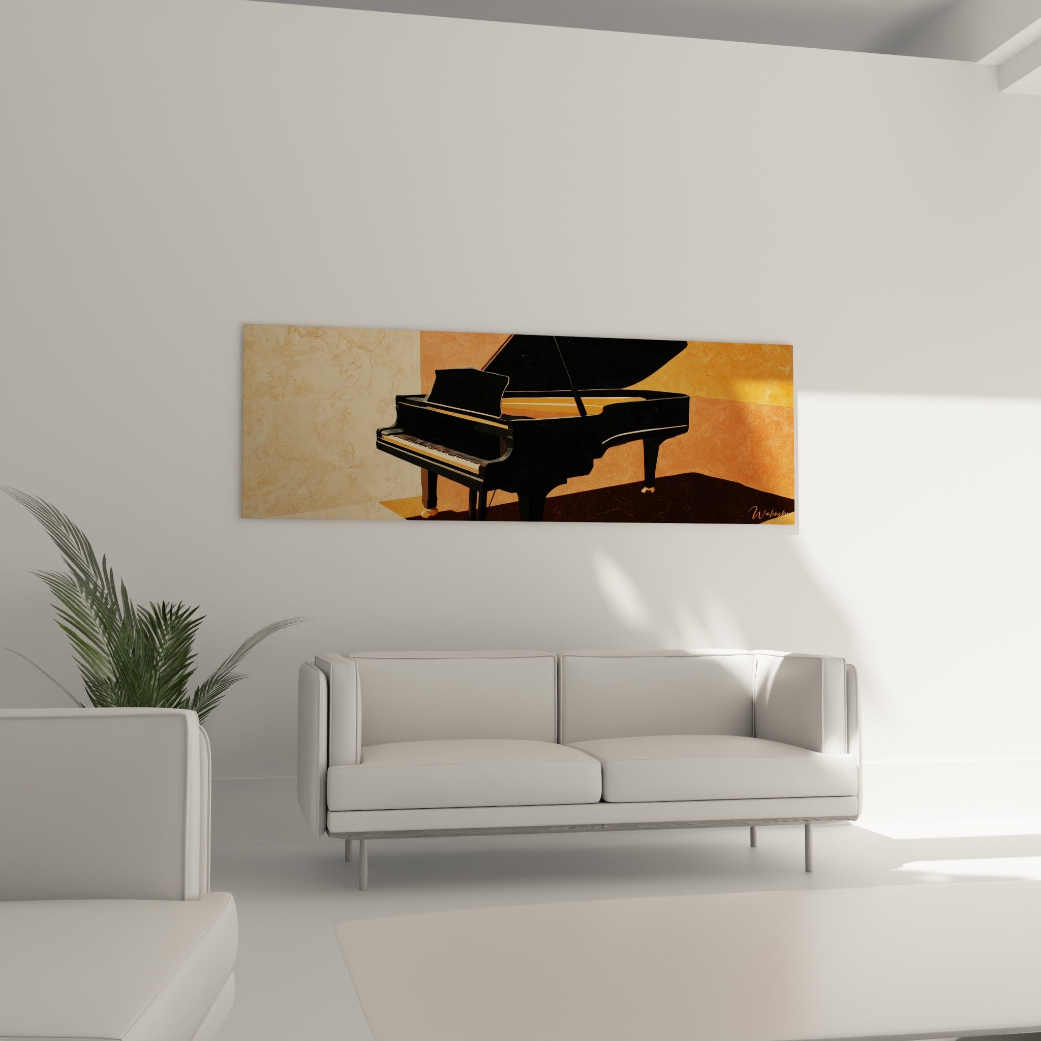 Piano à queue terracotta et noir profond, suspendu au-dessus d'un canapé dans un salon lumineux
