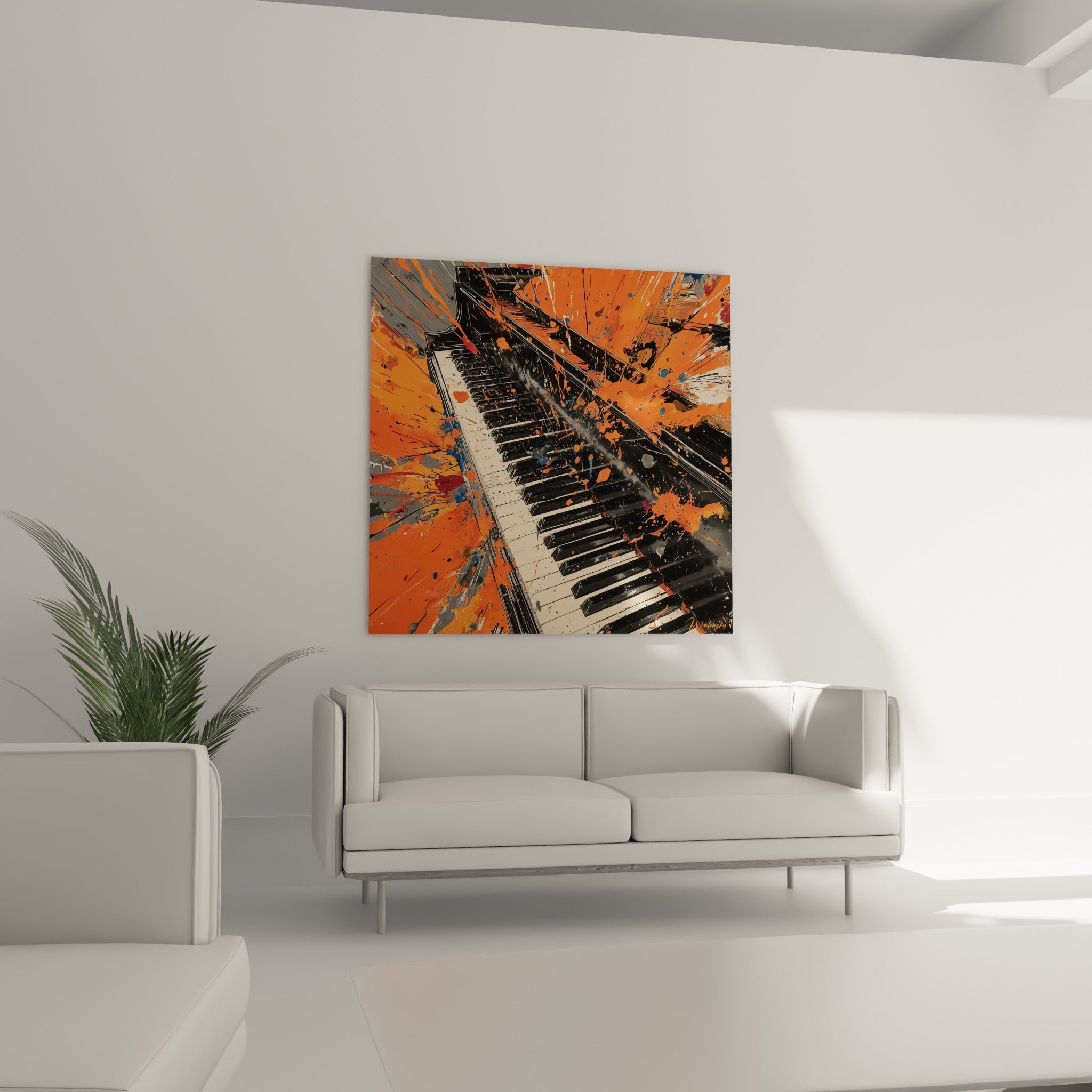 Piano à queue traversé de projections orange et bordeaux, disposé au-dessus d'un canapé dans un salon lumineux
