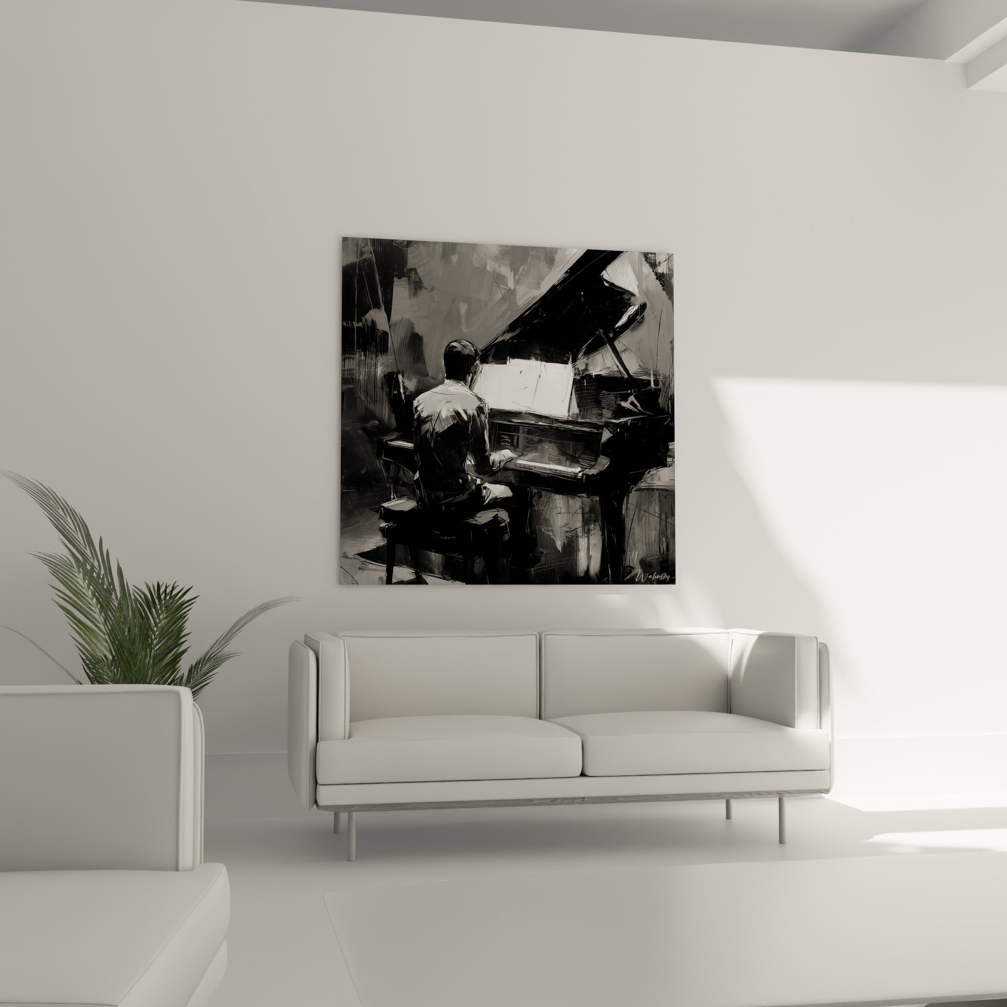 Silhouette d'un pianiste en noir et blanc devant son piano à queue, au-dessus d'un canapé dans un salon lumineux