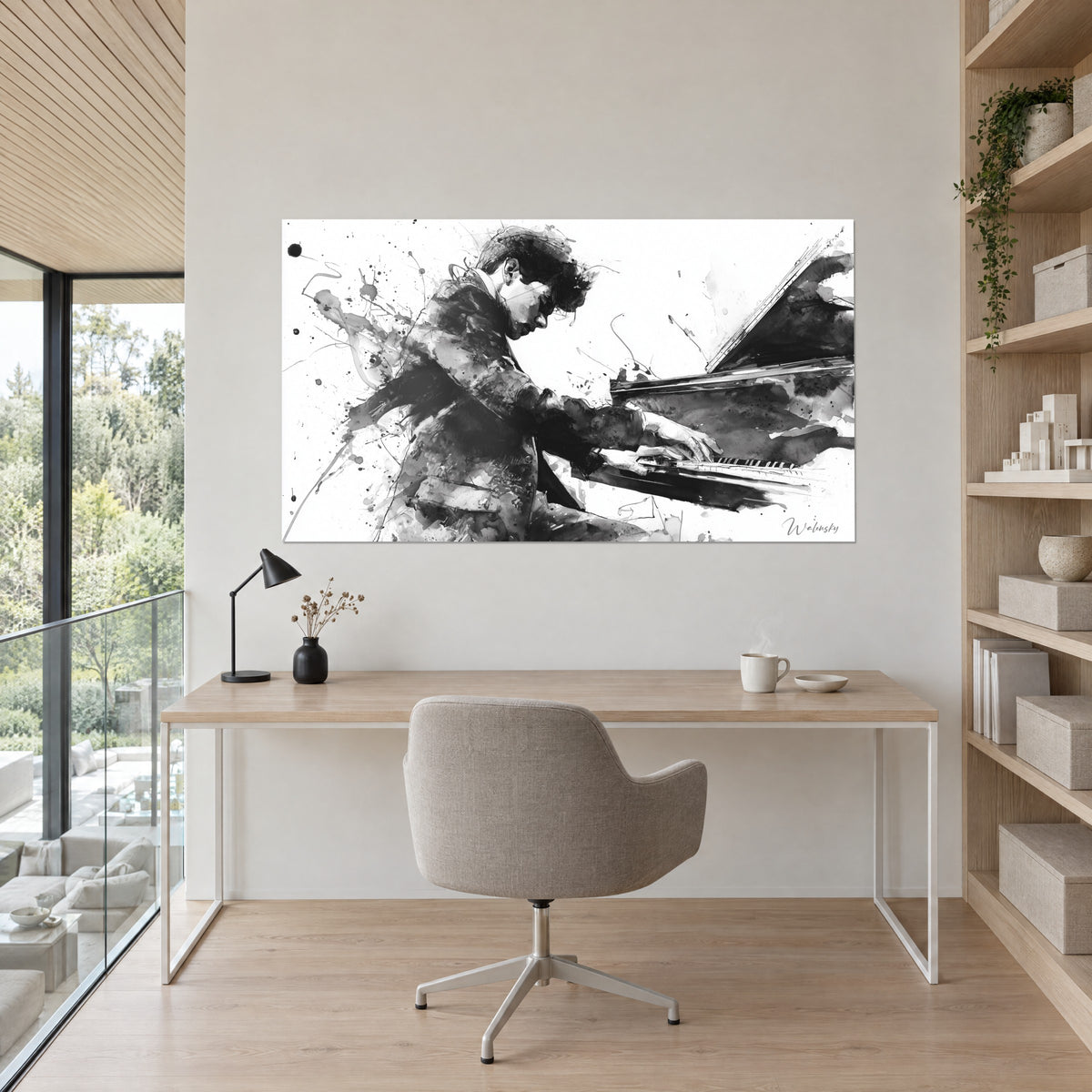 Quadro di un pianista in silhouette a inchiostro di China, abito nero, coperchio del piano aperto, macchie e gocce bianche, di fronte alla scrivania in legno