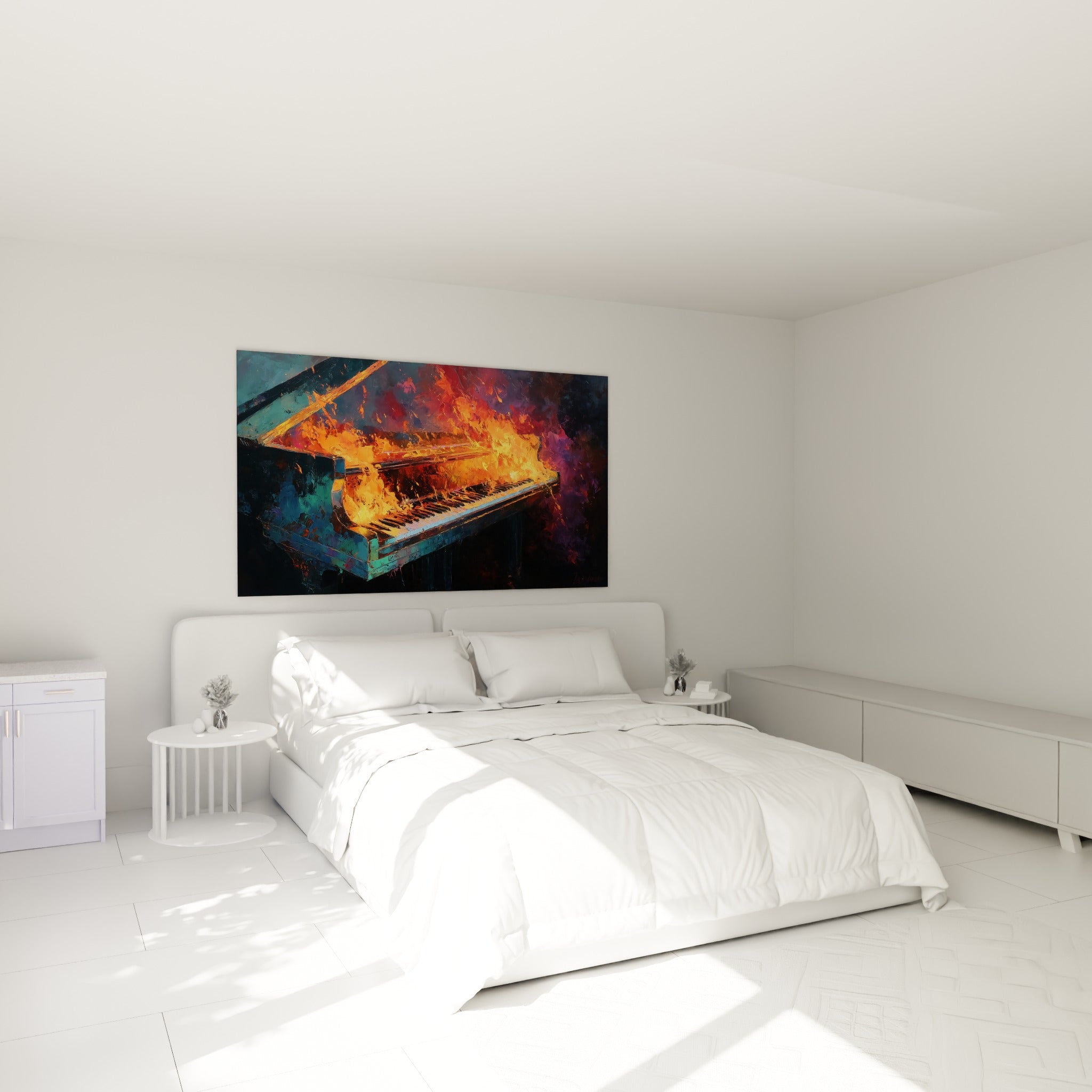 Instrument bleu pétrole en flammes orange et fauve, accroché au-dessus d'un lit dans une chambre claire