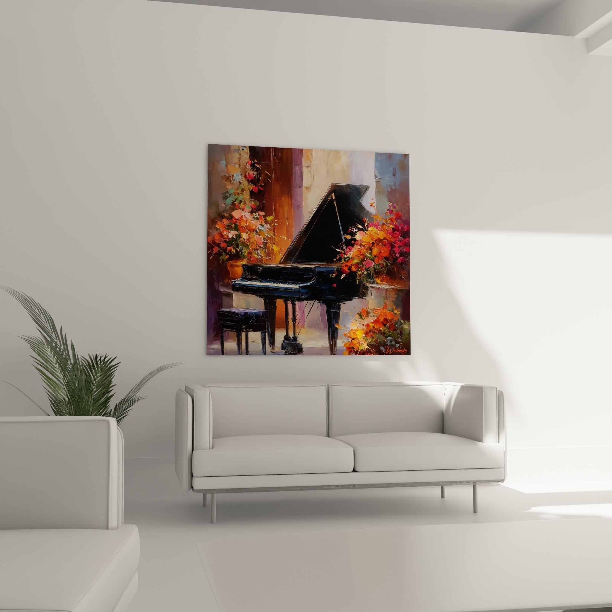 Piano à queue et fleurs orangées vibrantes, tableau Musique au-dessus d'un canapé dans un salon lumineux