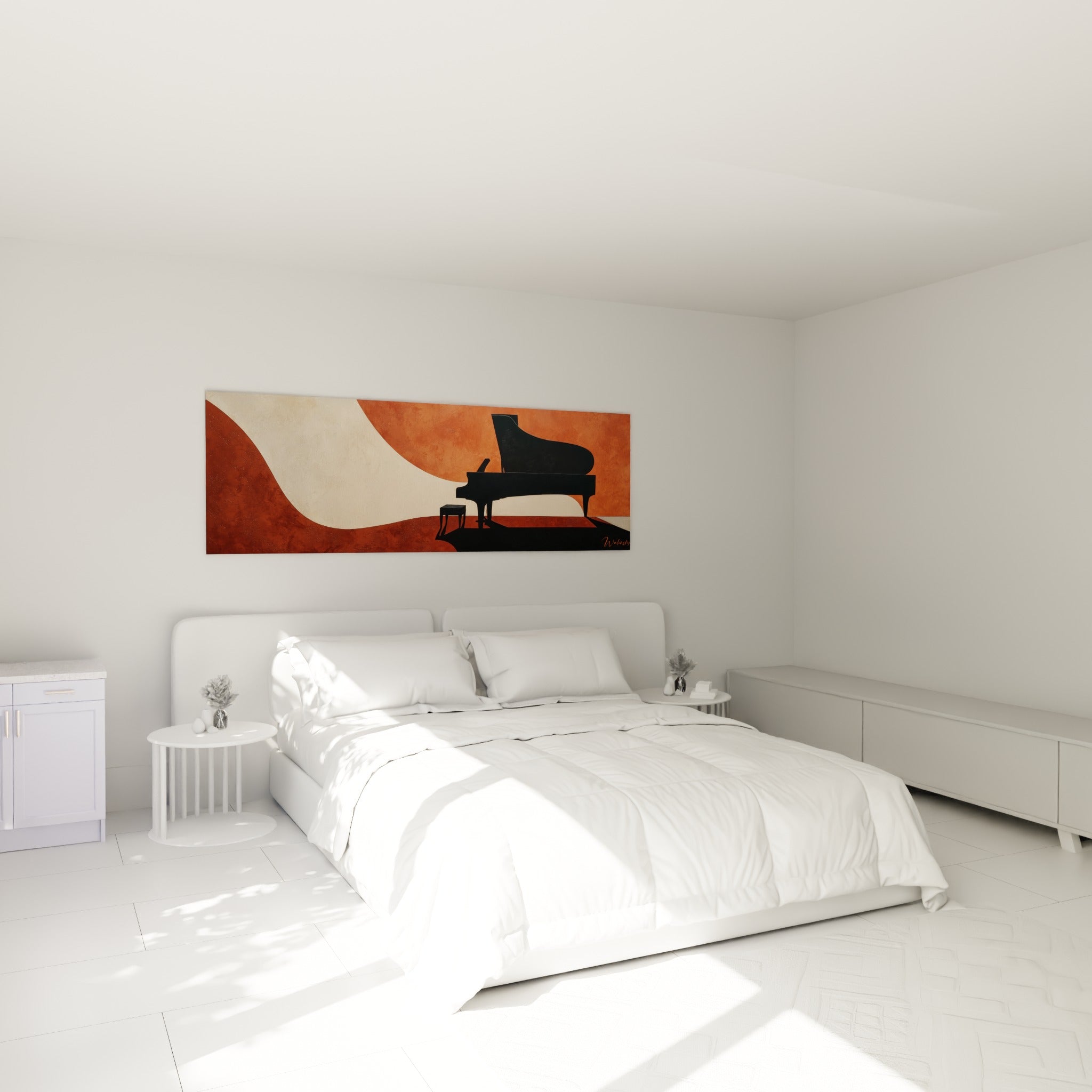 Silhouette de piano noir et courbe crème accrochée au-dessus d'un lit dans une chambre claire