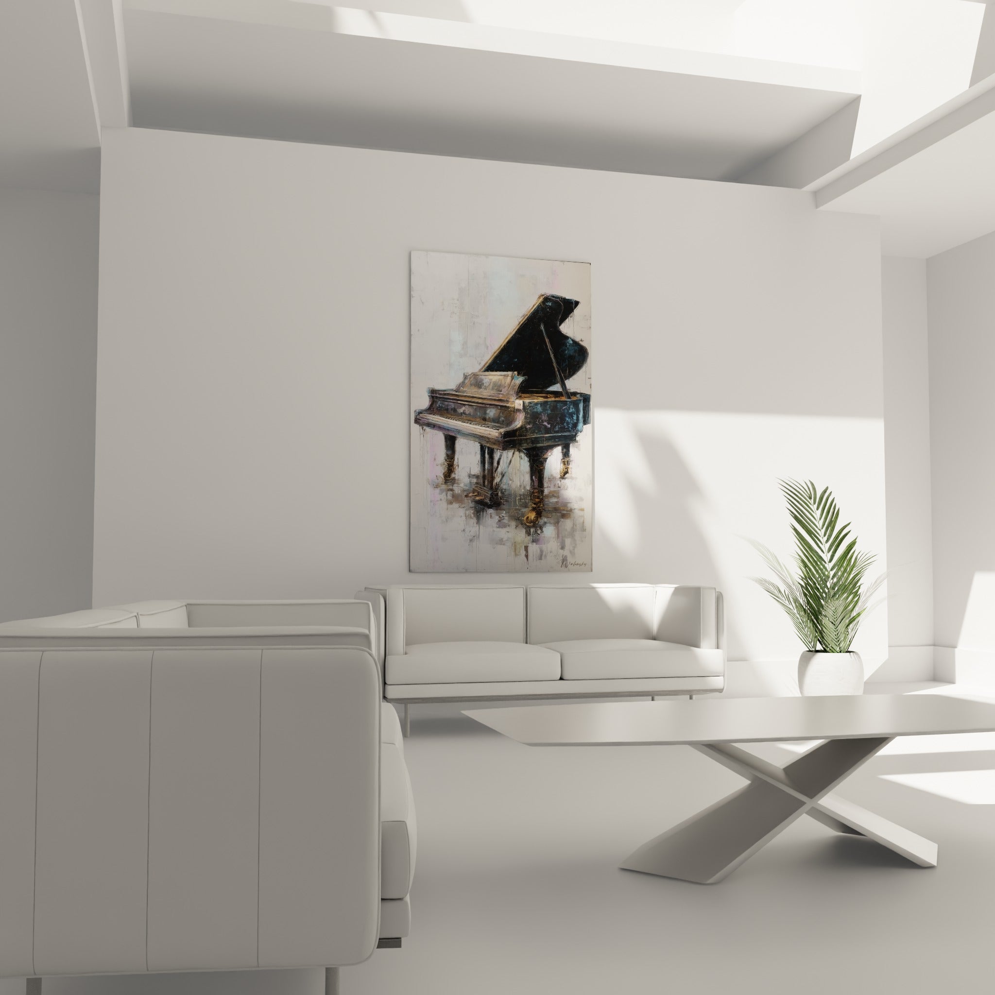 Silhouette du piano à queue anthracite et doré, suspendue au-dessus d'un canapé dans un salon lumineux