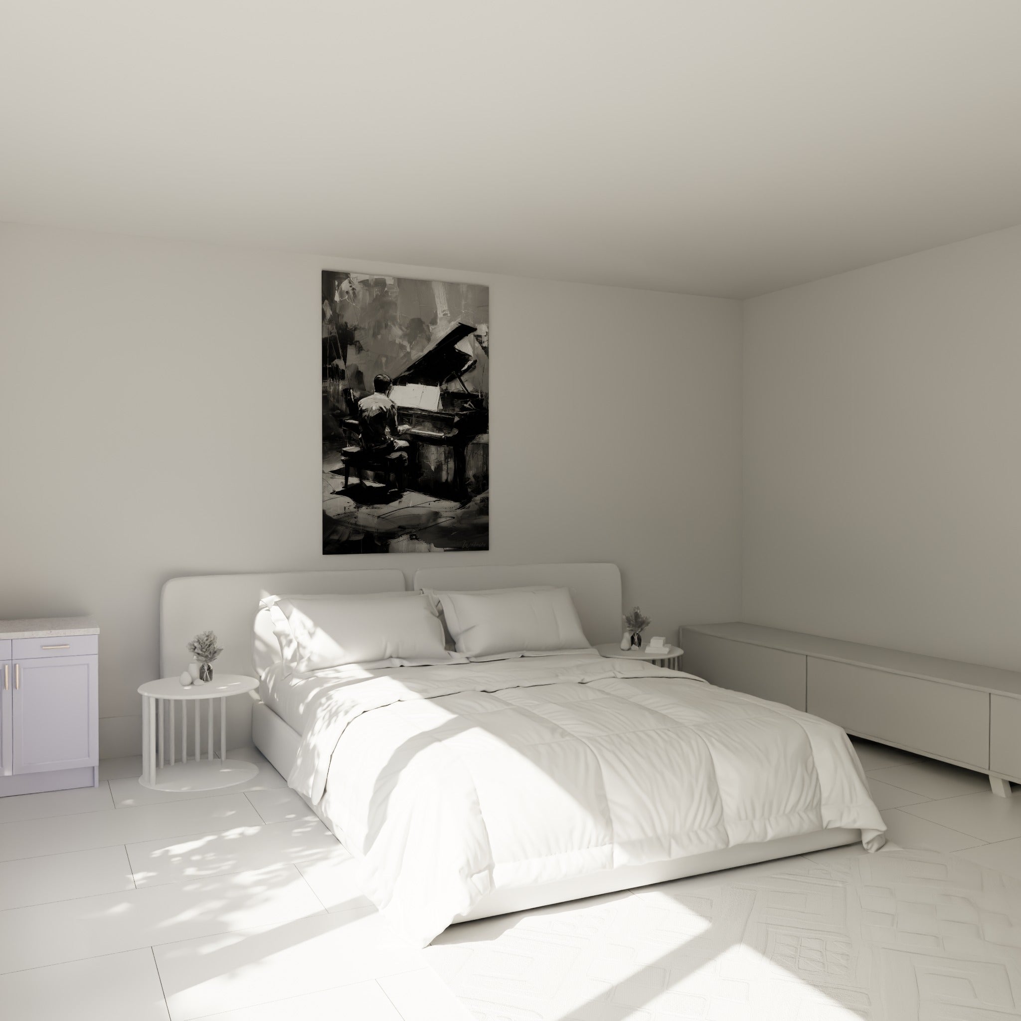 Musicien absorbé au piano, camaïeu gris et blanc lumineux, accroché au-dessus d'un lit dans une chambre claire