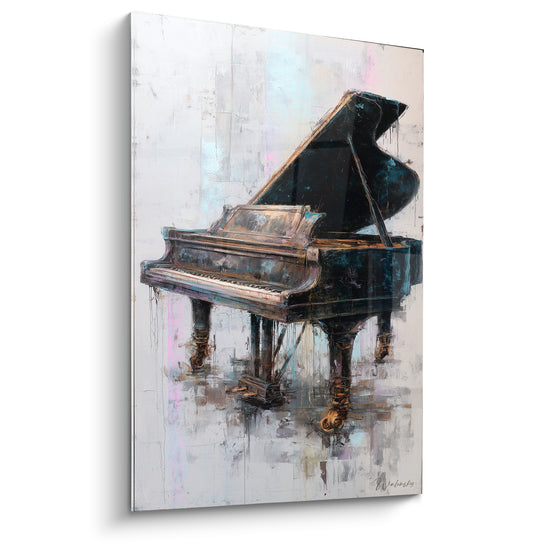 Piano à queue noir et doré peint dans un style expressif, coulures et empâtements sur fond gris perle