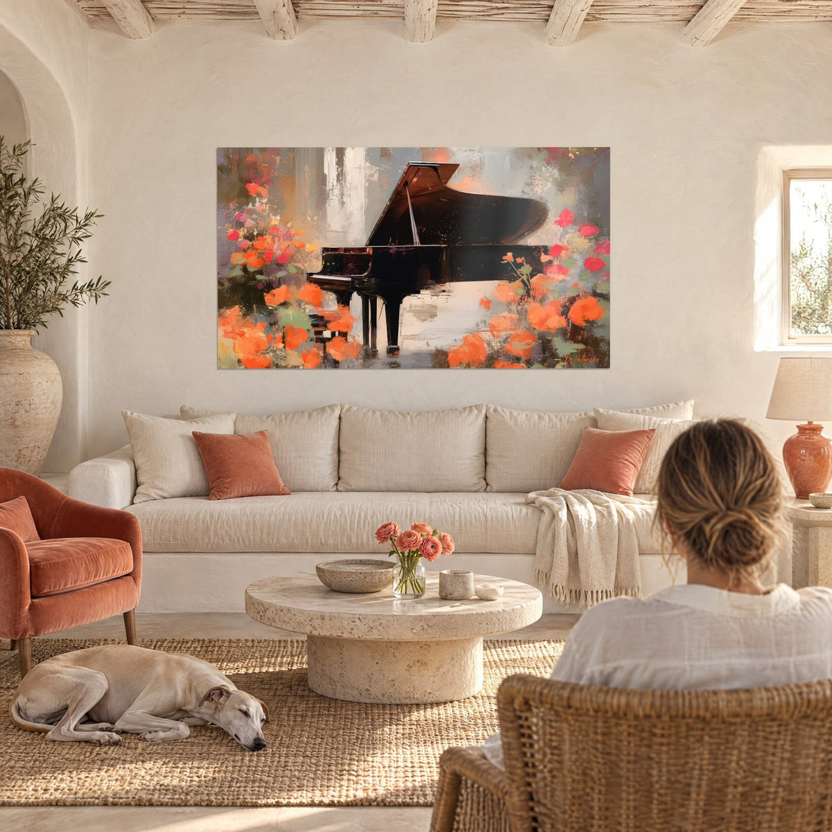 Wall art black lacquered grand piano among orange and red roses, cream-grey background, above a sofa in a bright living room