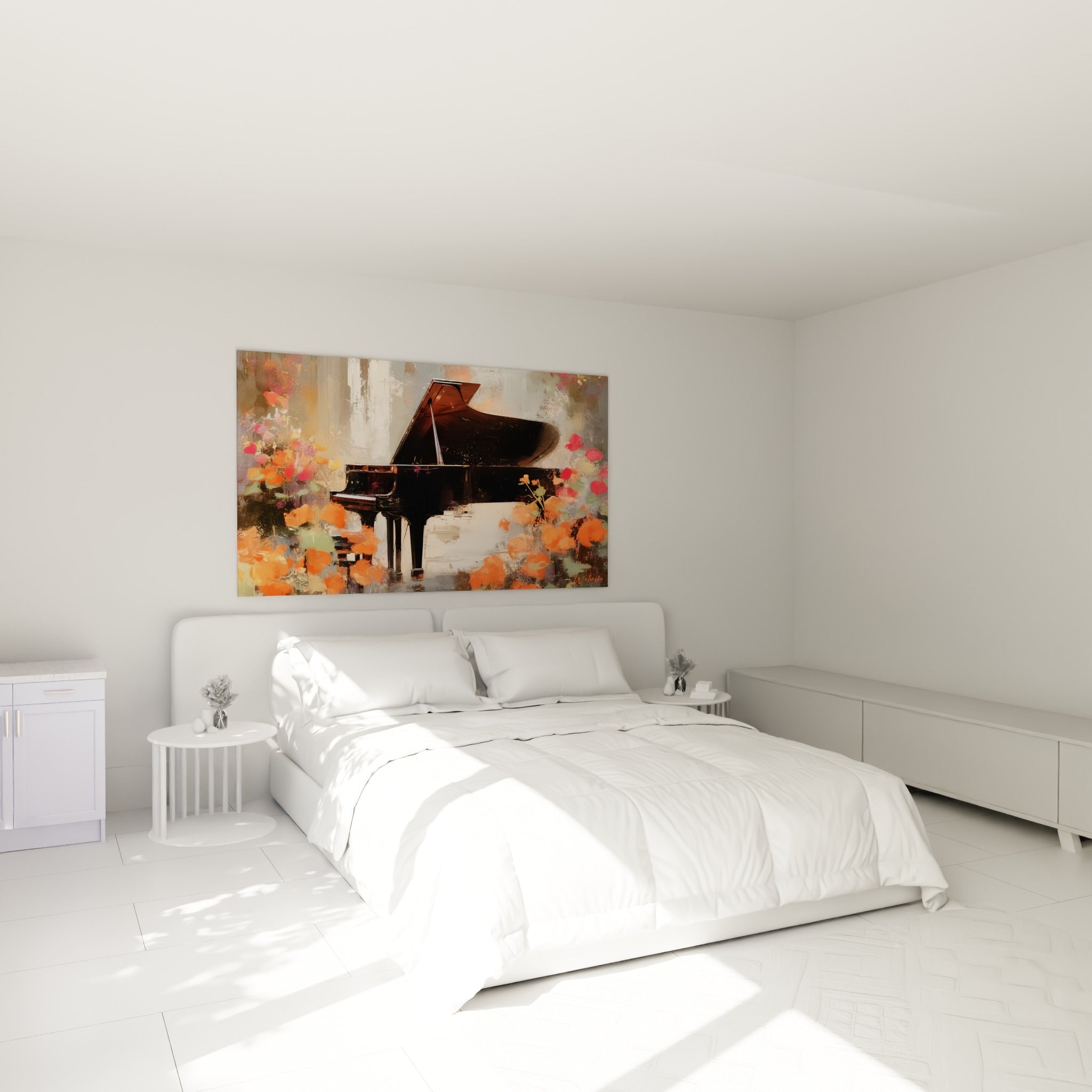 Instrument noir et fleurs orangées peints avec empâtements, au-dessus d'un lit dans une chambre claire