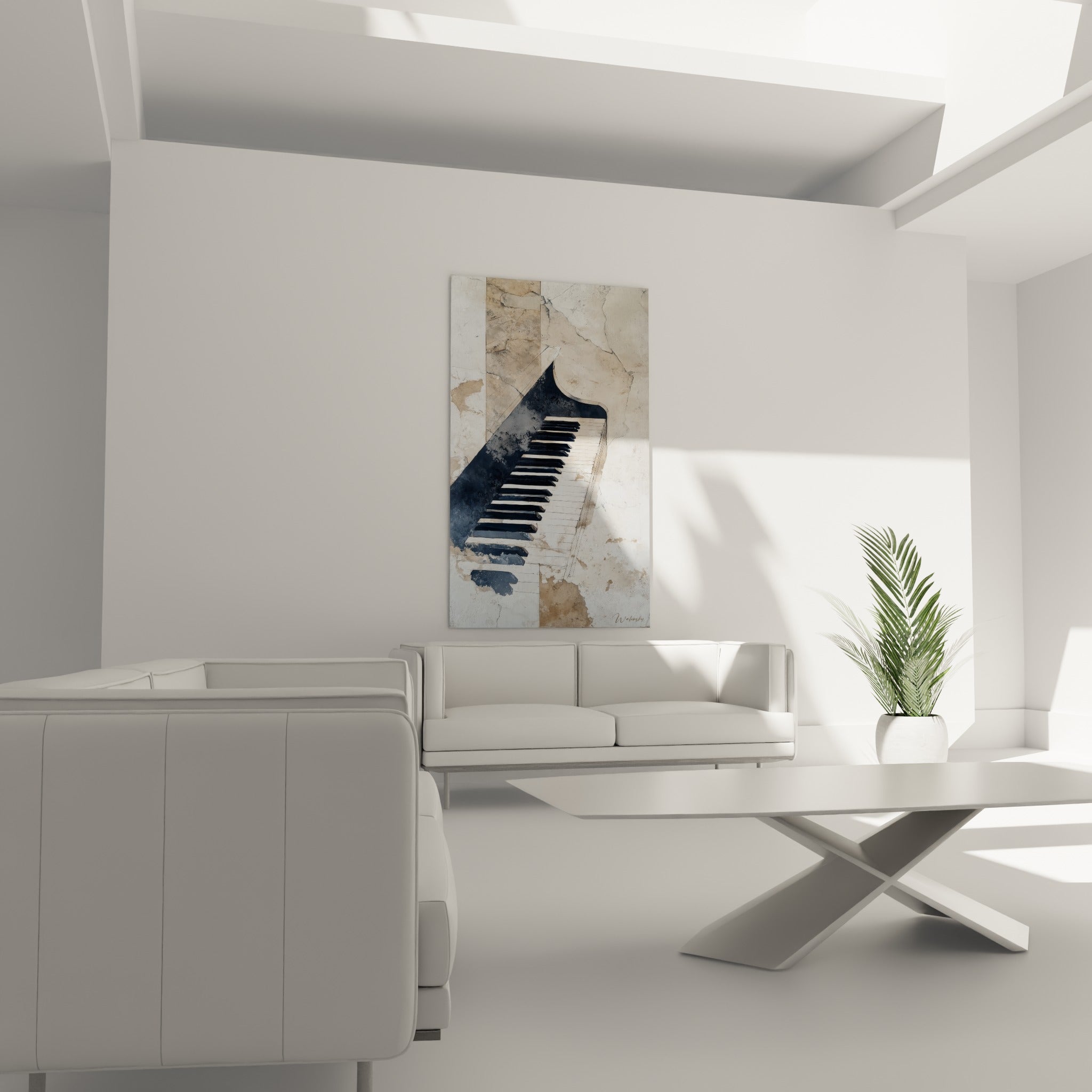 Instrument à touches noires sur fond ocre patiné, suspendu au-dessus d'un canapé dans un salon lumineux