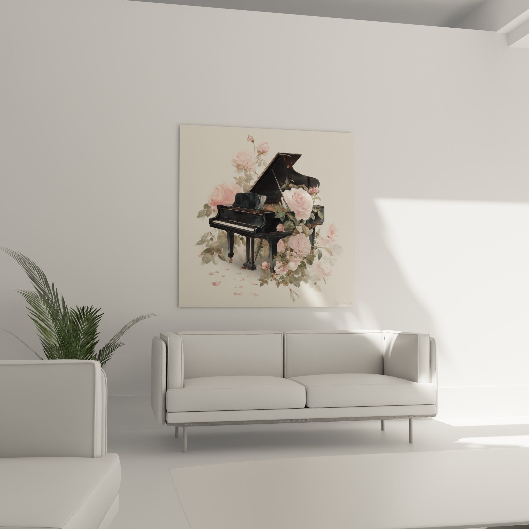 Instrument noir envahi de fleurs roses délicates, positionné au-dessus d'un canapé dans un salon lumineux