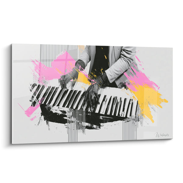 Cuadro Música rosa y amarillo chaqueta gris pianista - Rayas verticales grises - Edición Música