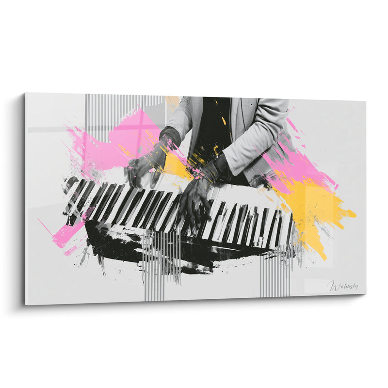 Tableau Musique rose et jaune veste grise pianiste - Rayures verticales grises - Edition Musique