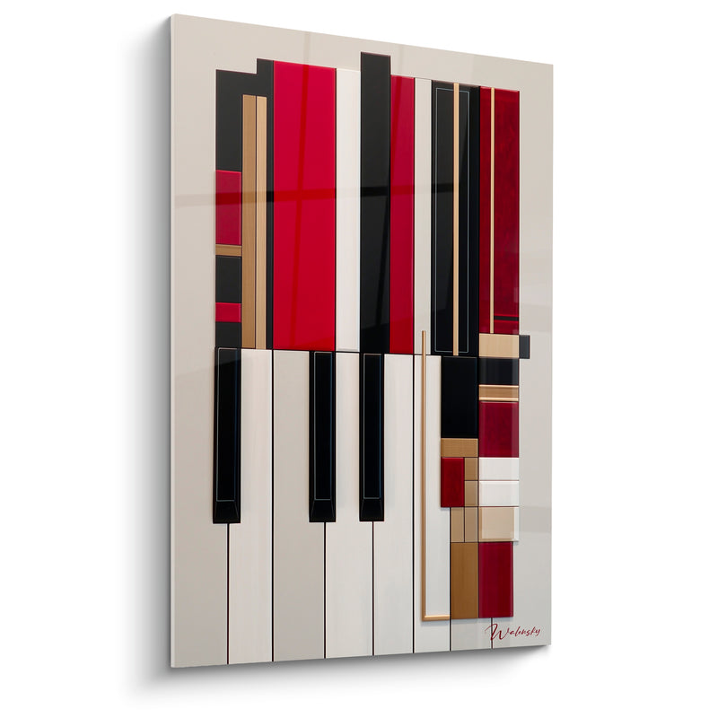 Tableau Musique rouge et noir touches déconstruites - Fragments géométriques dorés - Edition Musique