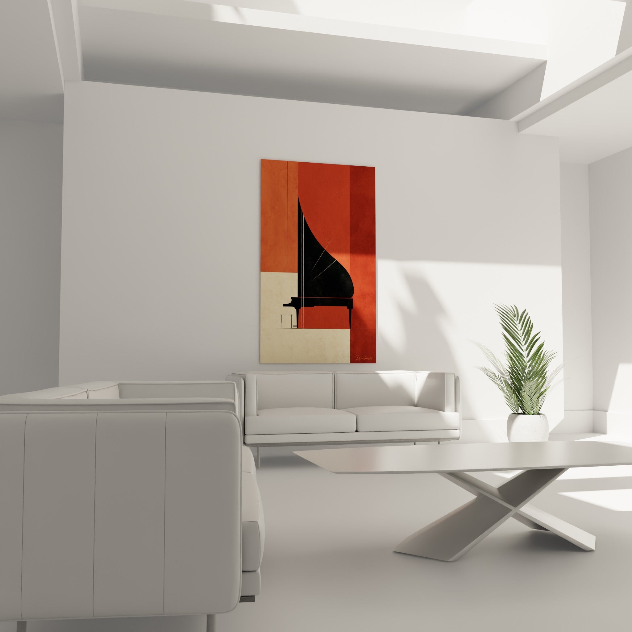 Piano noir sur fond rouge brique et ivoire disposé au-dessus d'un canapé dans un salon lumineux