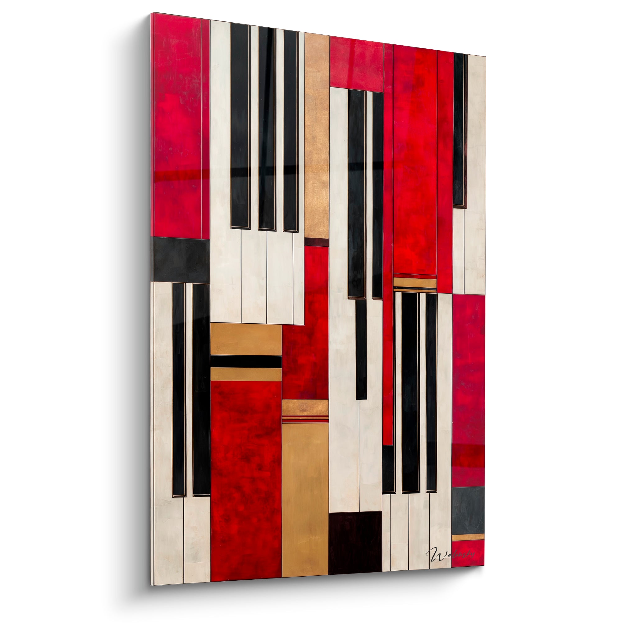 Musique en touches de piano fragmentées, rouge intense, ivoire et doré, composition graphique verticale
