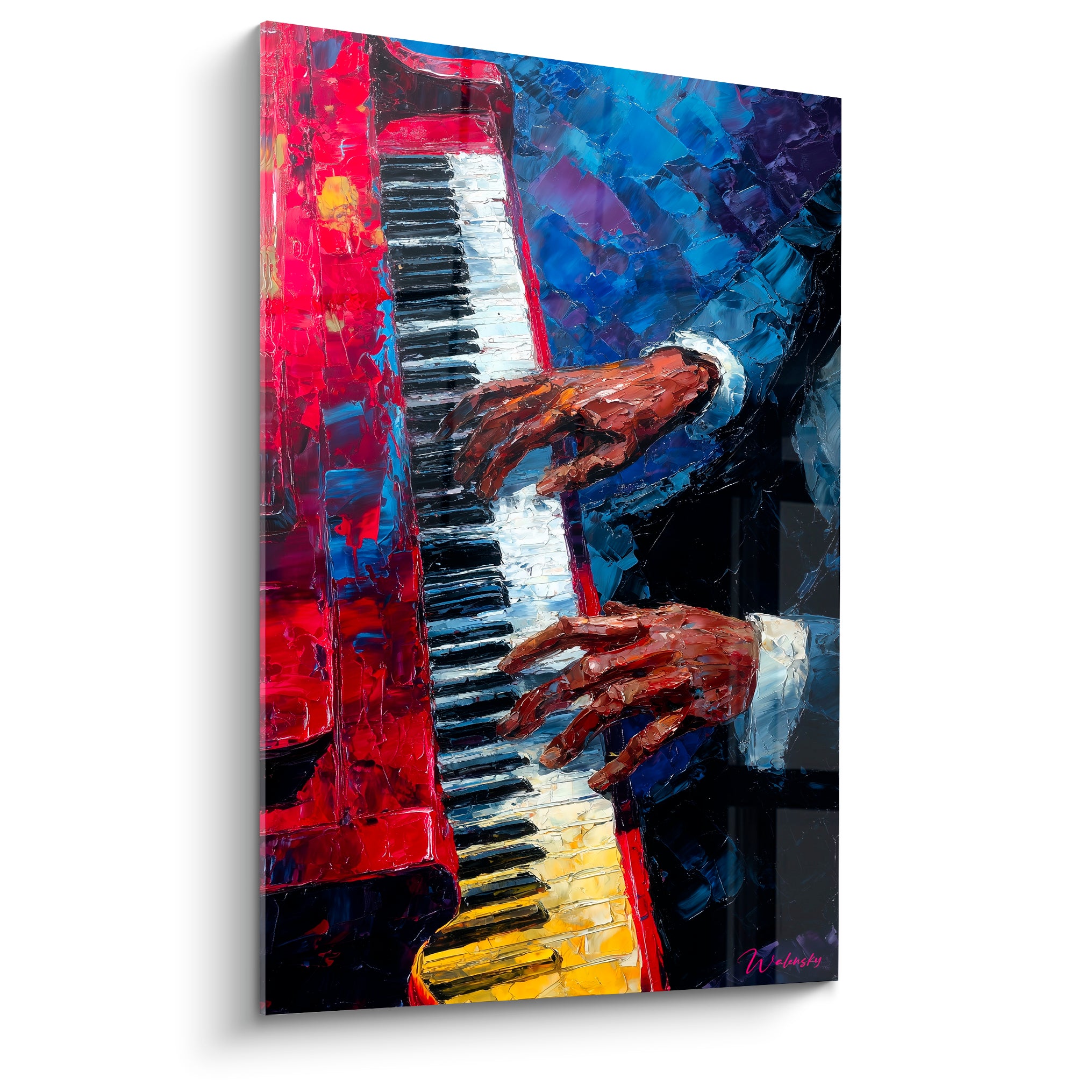Mains brunes jouant du piano rouge et bleu marine, touches jaunes, peinture au couteau expressive