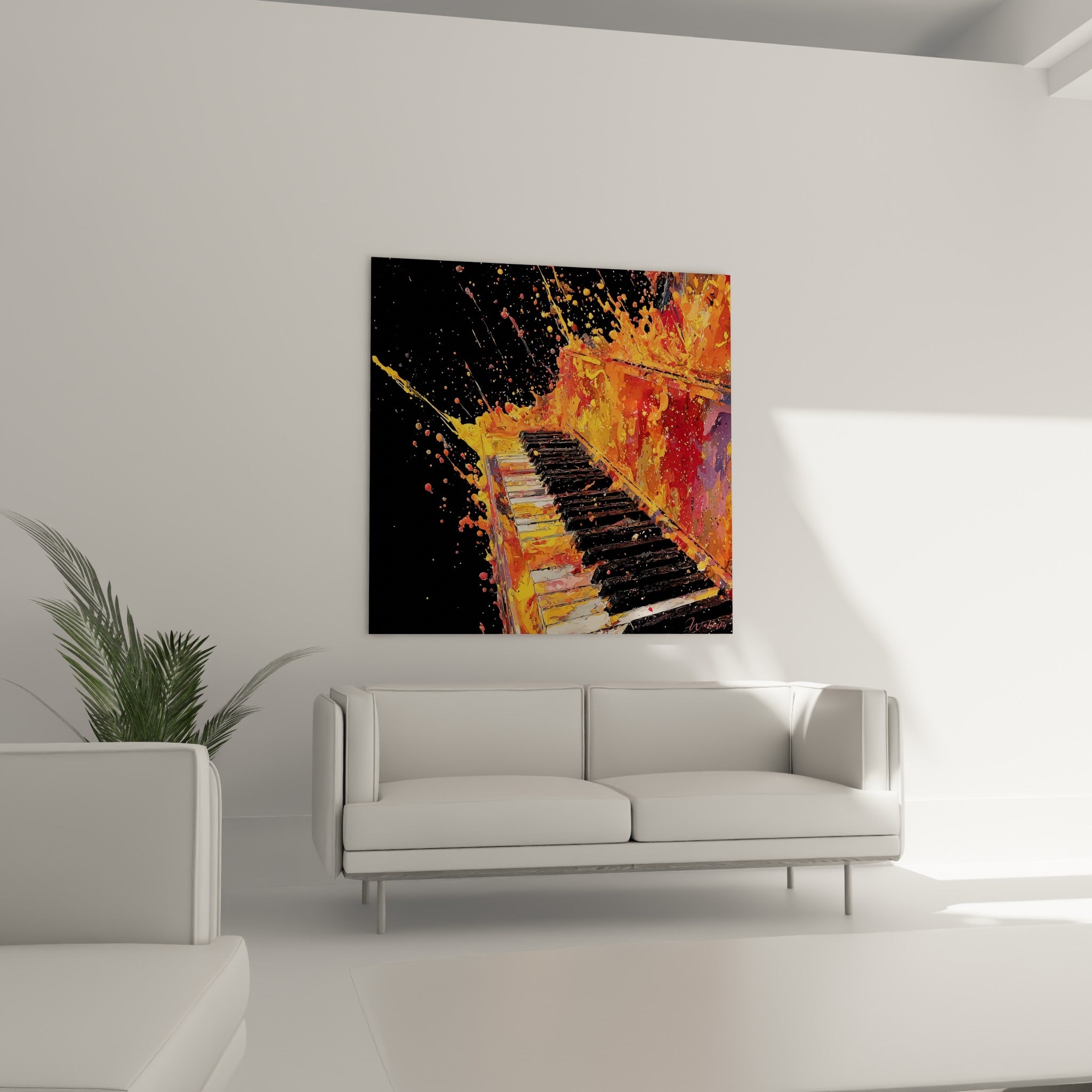 Touches de piano noyées de peinture ambrée et rouge, tableau suspendu au-dessus d'un canapé dans un salon lumineux