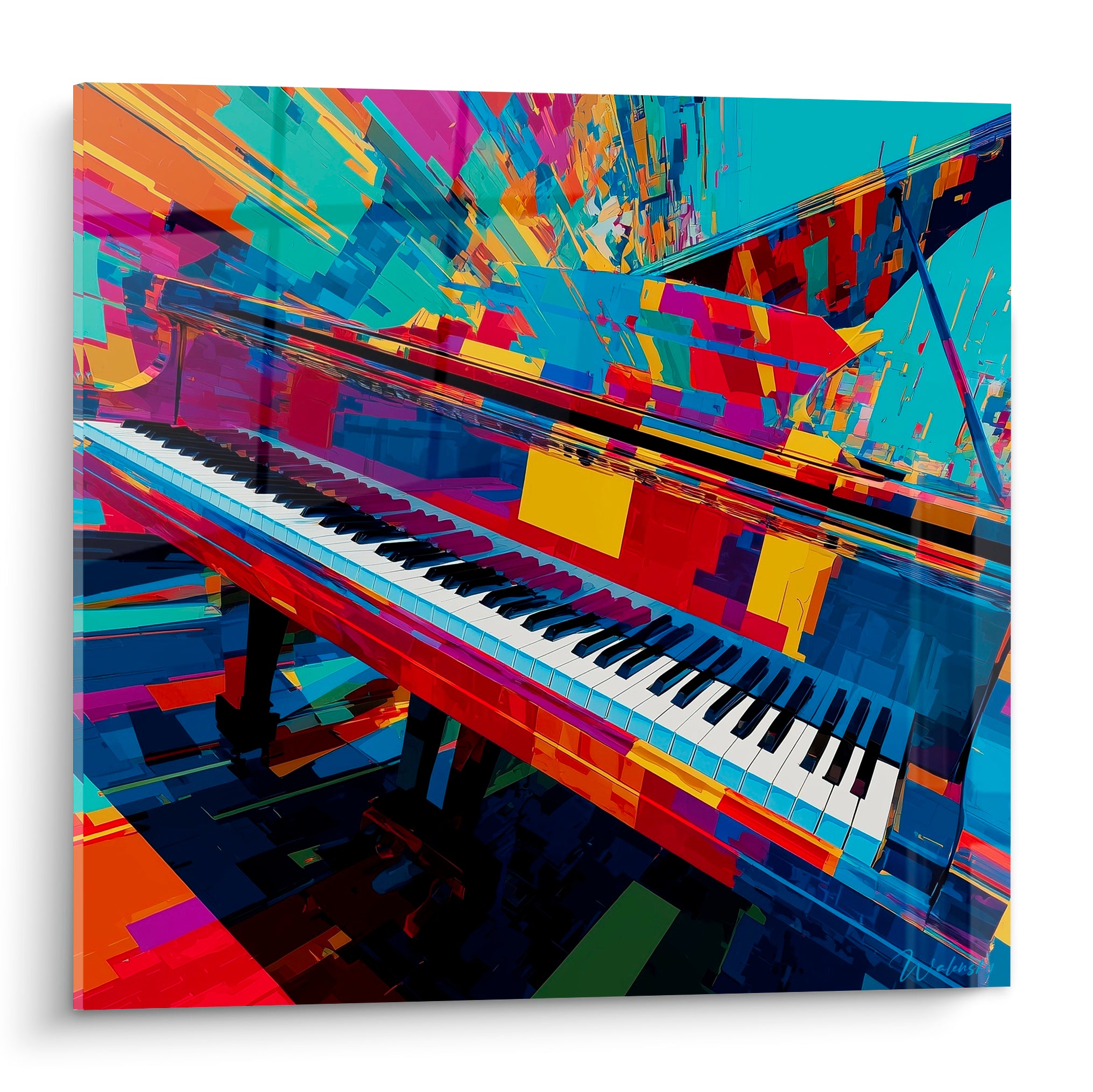 Piano à queue fragmenté en rouge, turquoise et jaune, clavier noir et blanc en premier plan