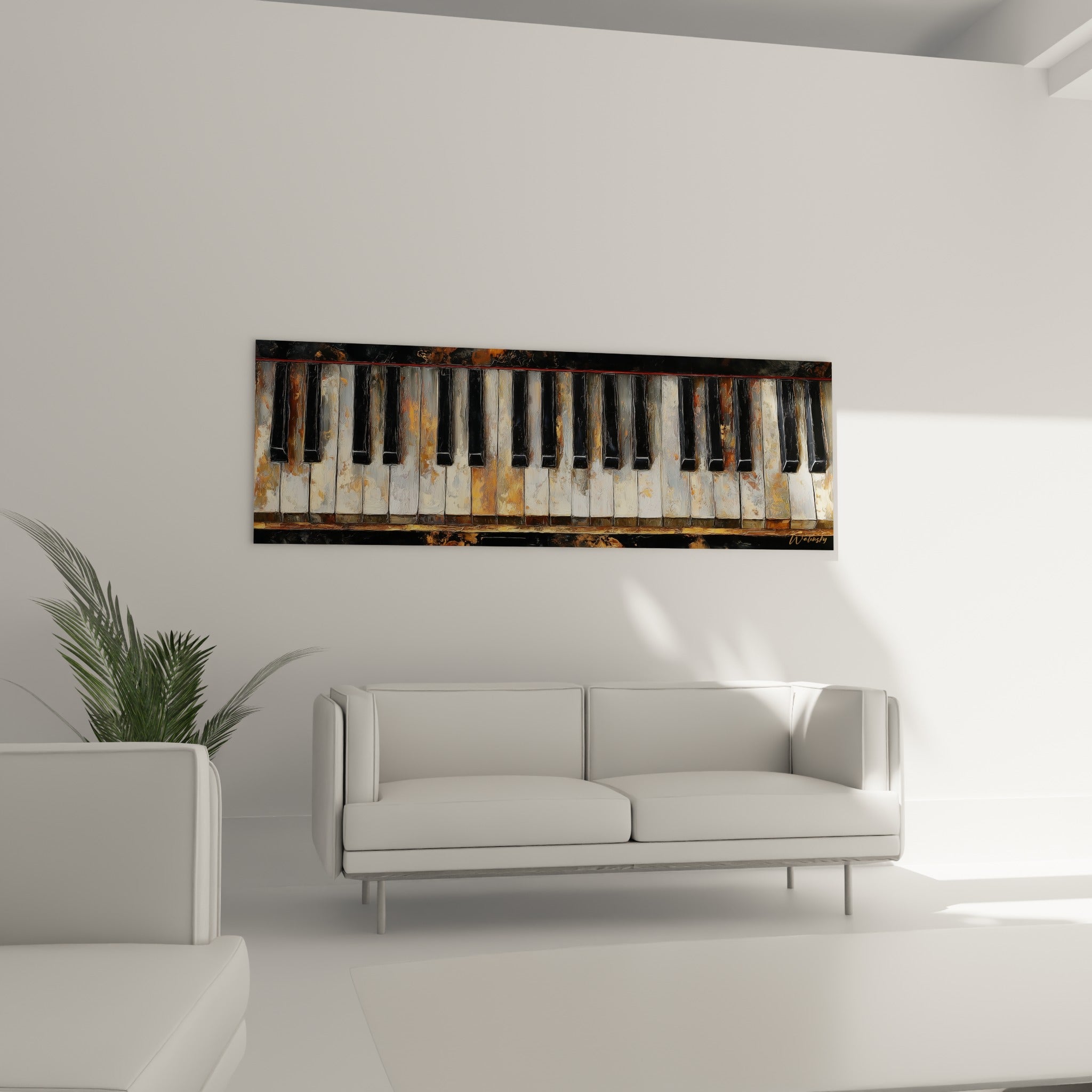 Piano rouille et ivoire jauni composant ce tableau Musique, au-dessus d'un canapé dans un salon lumineux