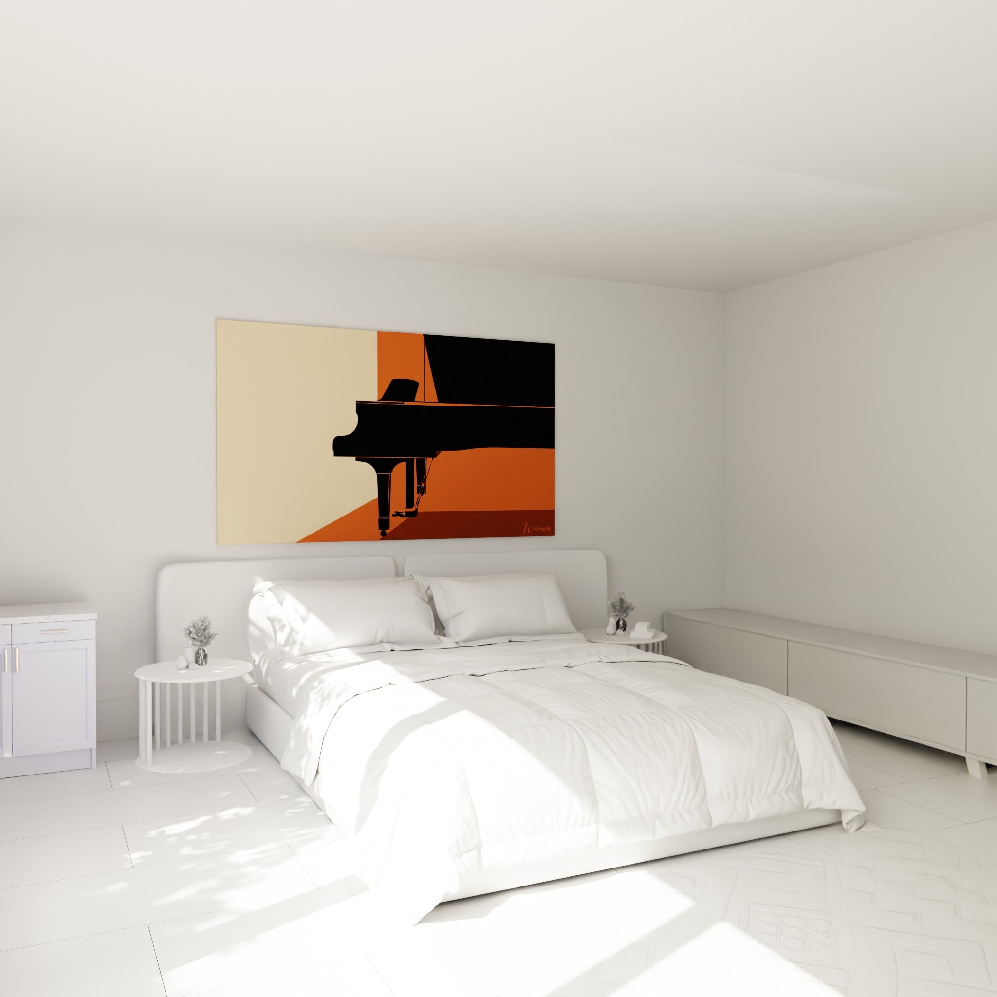 Instrument noir mat dessiné en aplats orange et sable, accroché au-dessus d'un lit dans une chambre claire