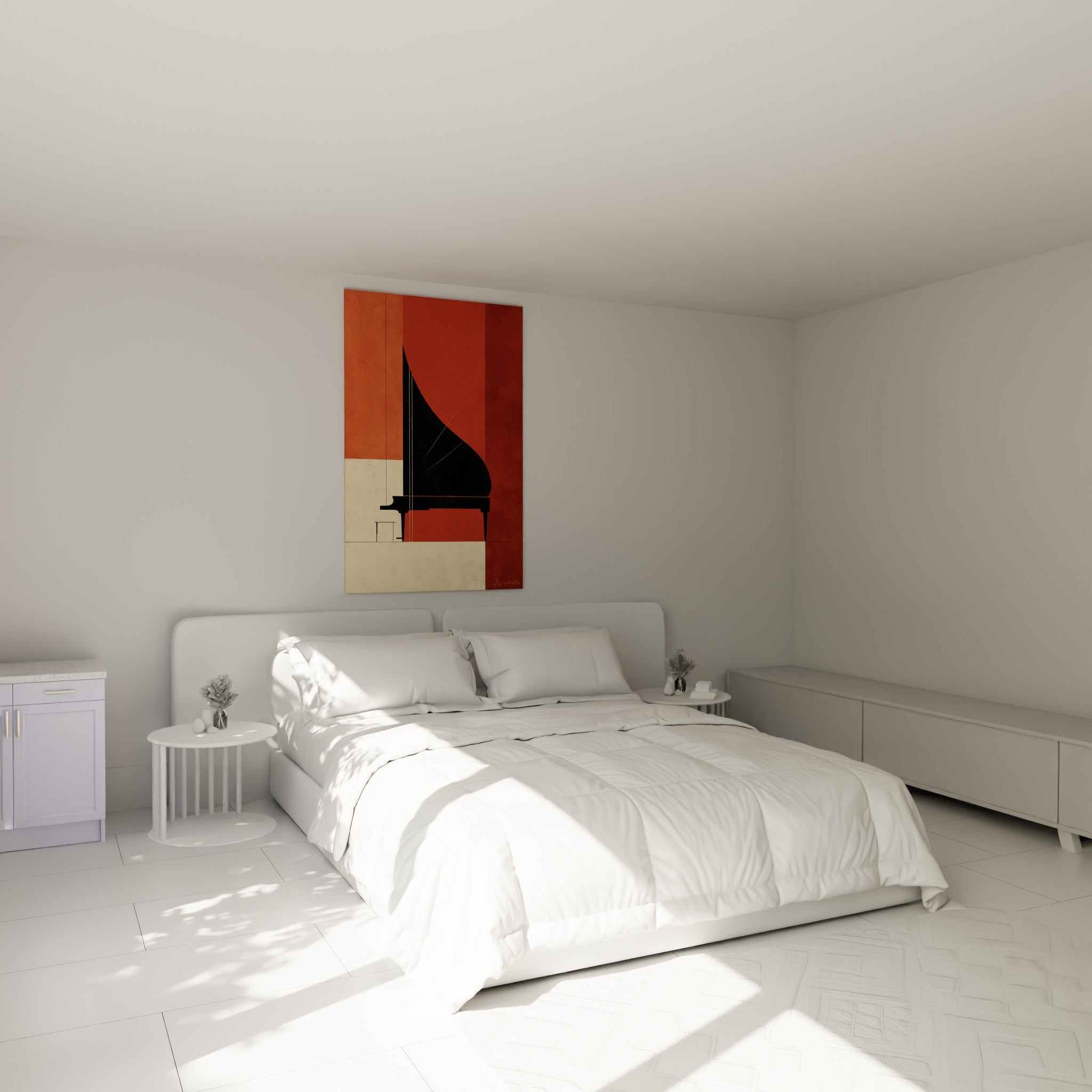 Silhouette de piano noir et terracotta accrochée au-dessus d'un lit dans une chambre claire