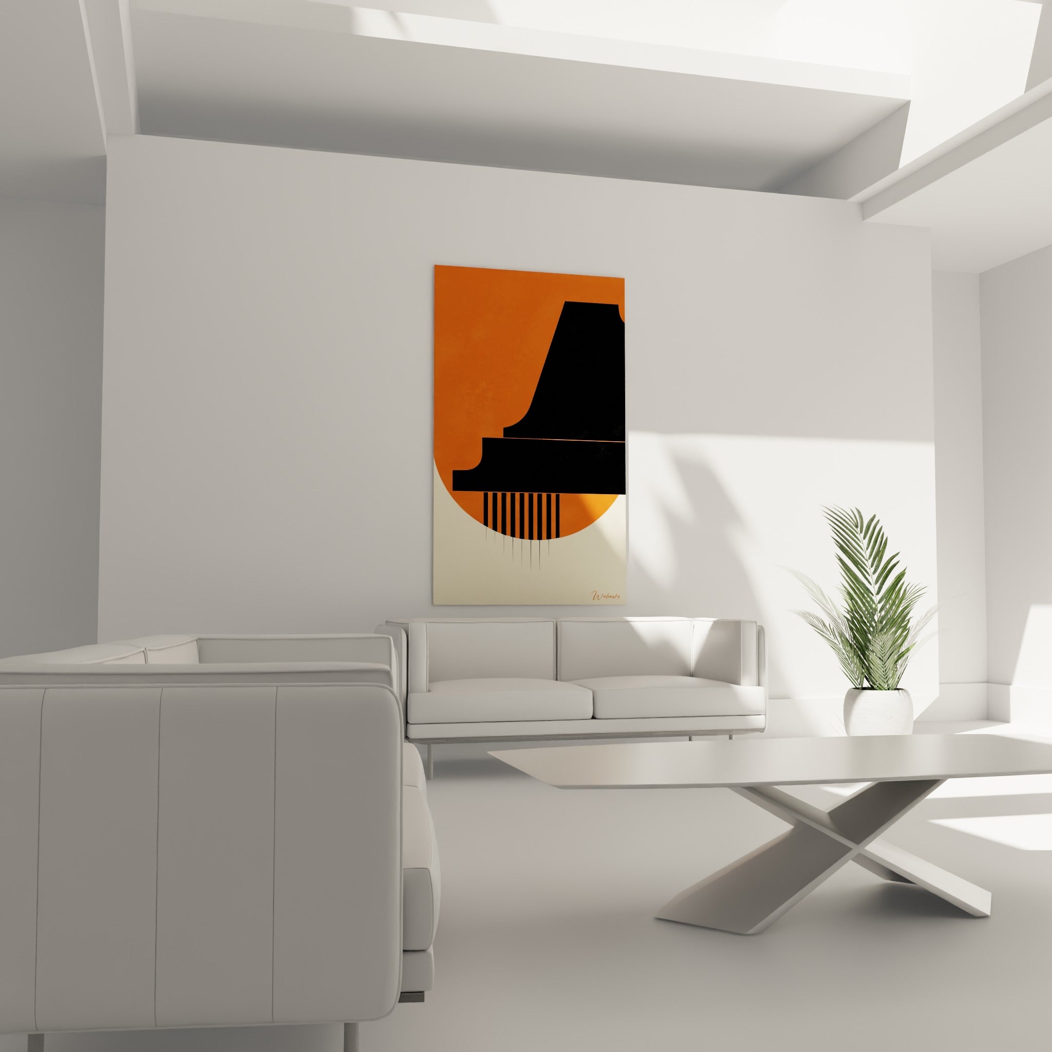 Instrument noir sur fond terracotta arrondi placé au-dessus d'un canapé dans un salon lumineux