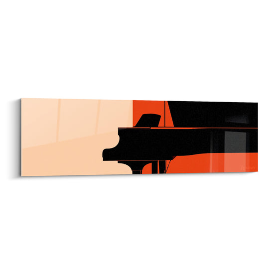 Piano à queue noir en silhouette sur fond terracotta et ivoire, tableau musique au style graphique épuré