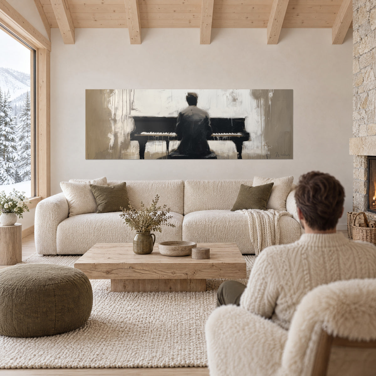 Wall art pianist seen from behind at the keyboard, anthracite and ivory, flowing white background, above a sofa in a bright living room