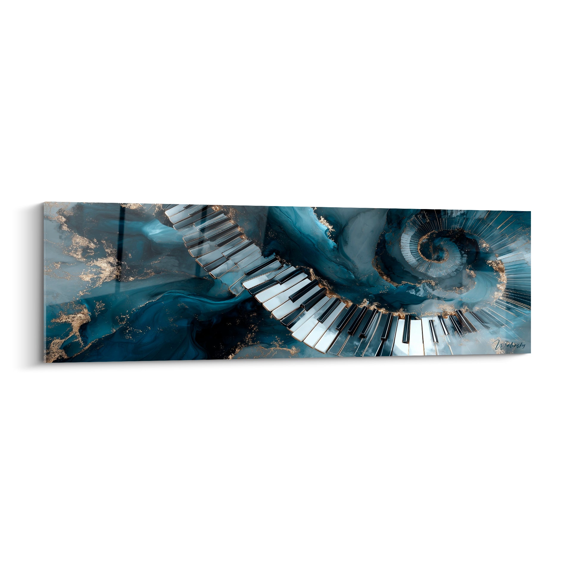 Spirale de touches de piano noires et blanches sur fond bleu marine et doré, composition abstraite fluide