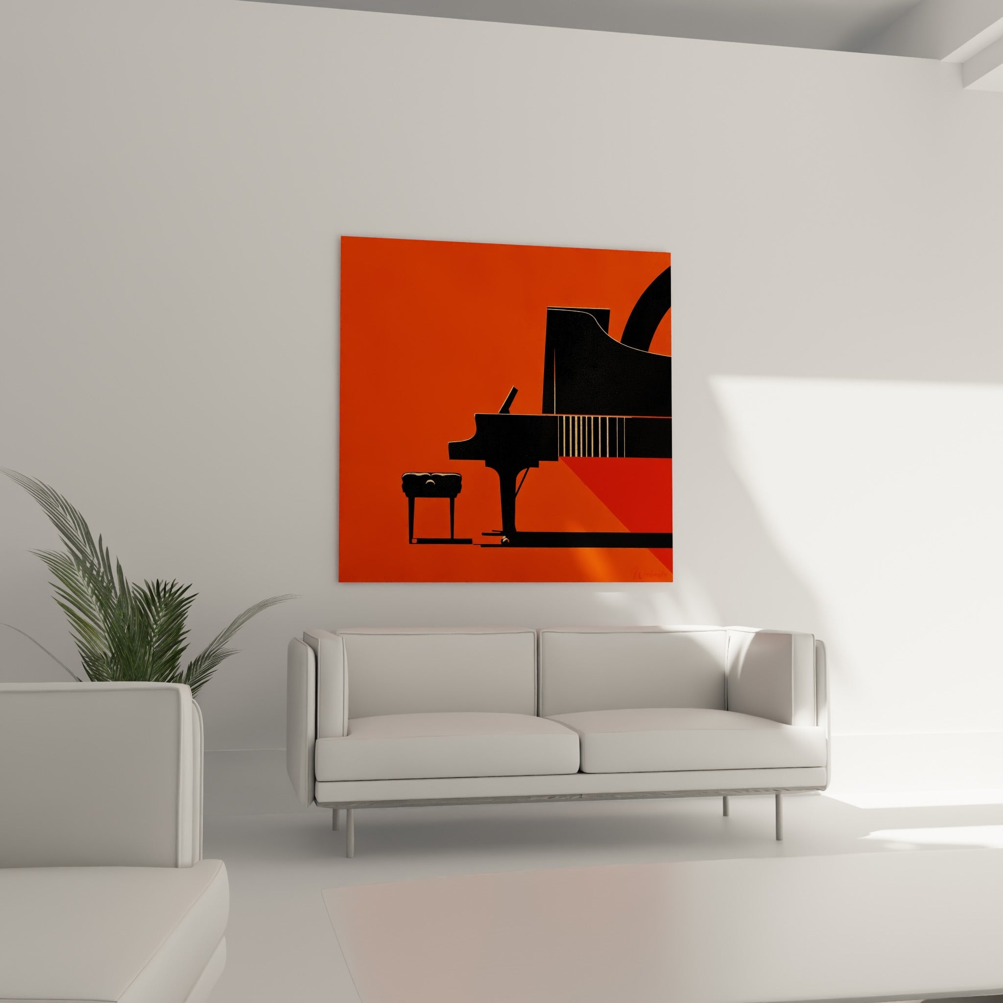 Piano à queue sombre et tabouret assorti sur fond rouge orangé, au-dessus d'un canapé dans un salon lumineux