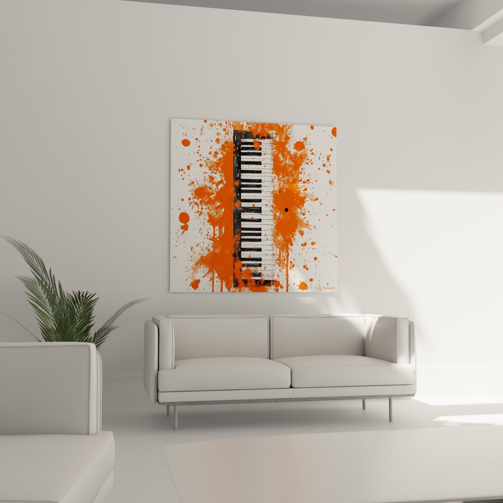 Touches noires et blanches jaillissant d'une explosion orange, suspendues au-dessus d'un canapé dans un salon lumineux